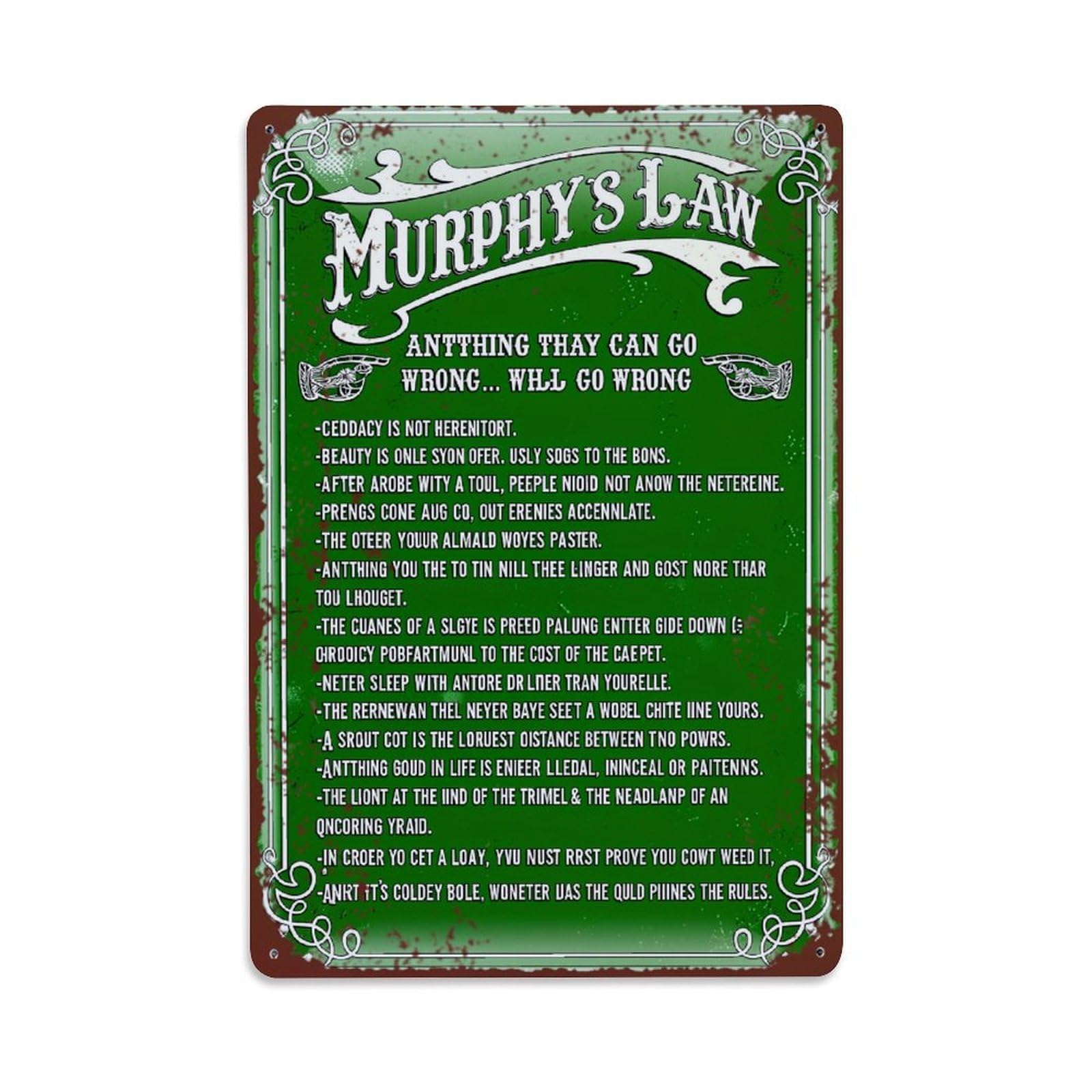 Jdyaojiesheng Vintage Murphy's Law Pattern Print Green Background Tin Sign Retro Metal Wall Decor Metal Poster, Home Bar Garage Farmhouse Cafe Wall Art Decoration 8X12inches