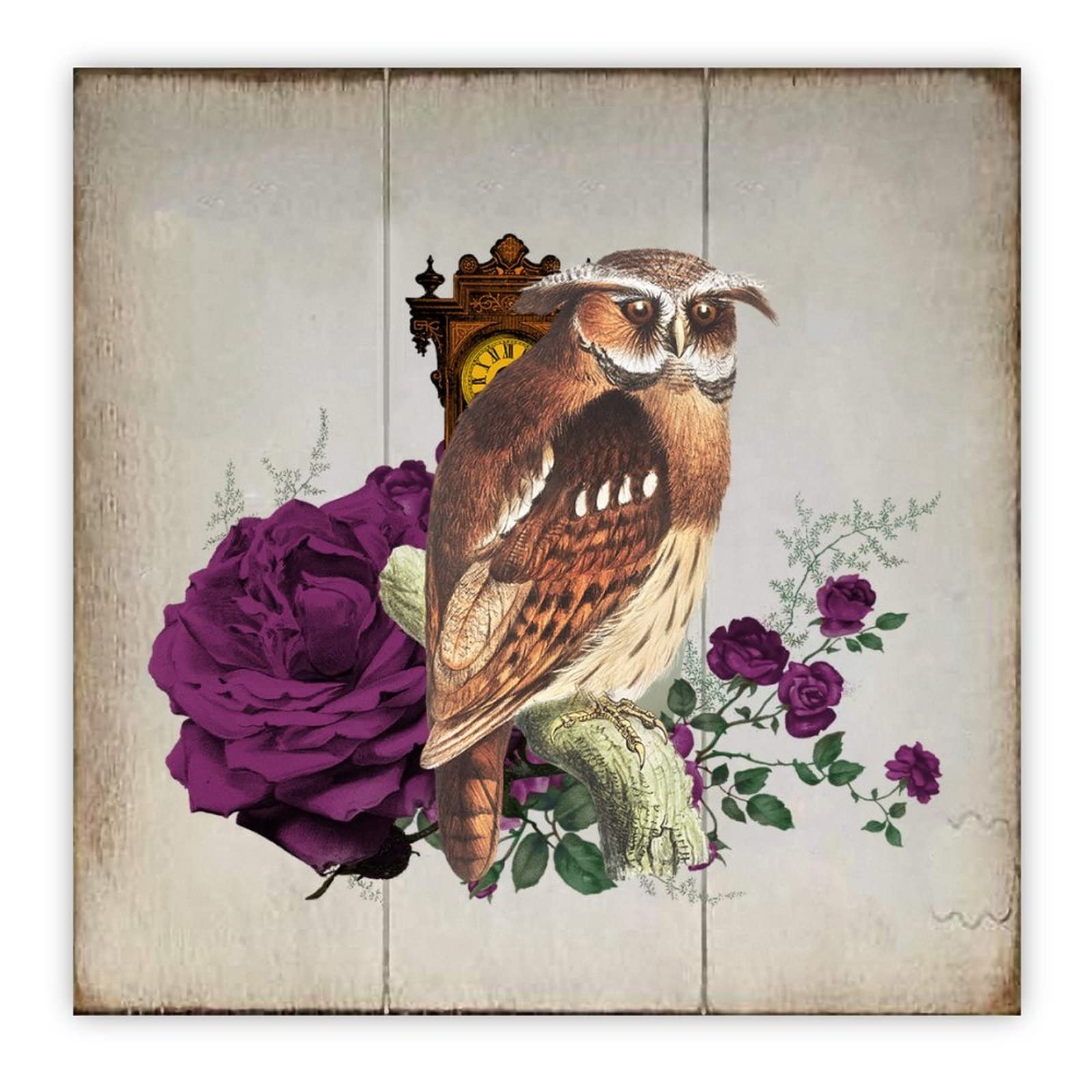 Cadre Halloween en bois motif chouette et fleurs violettes 40cm