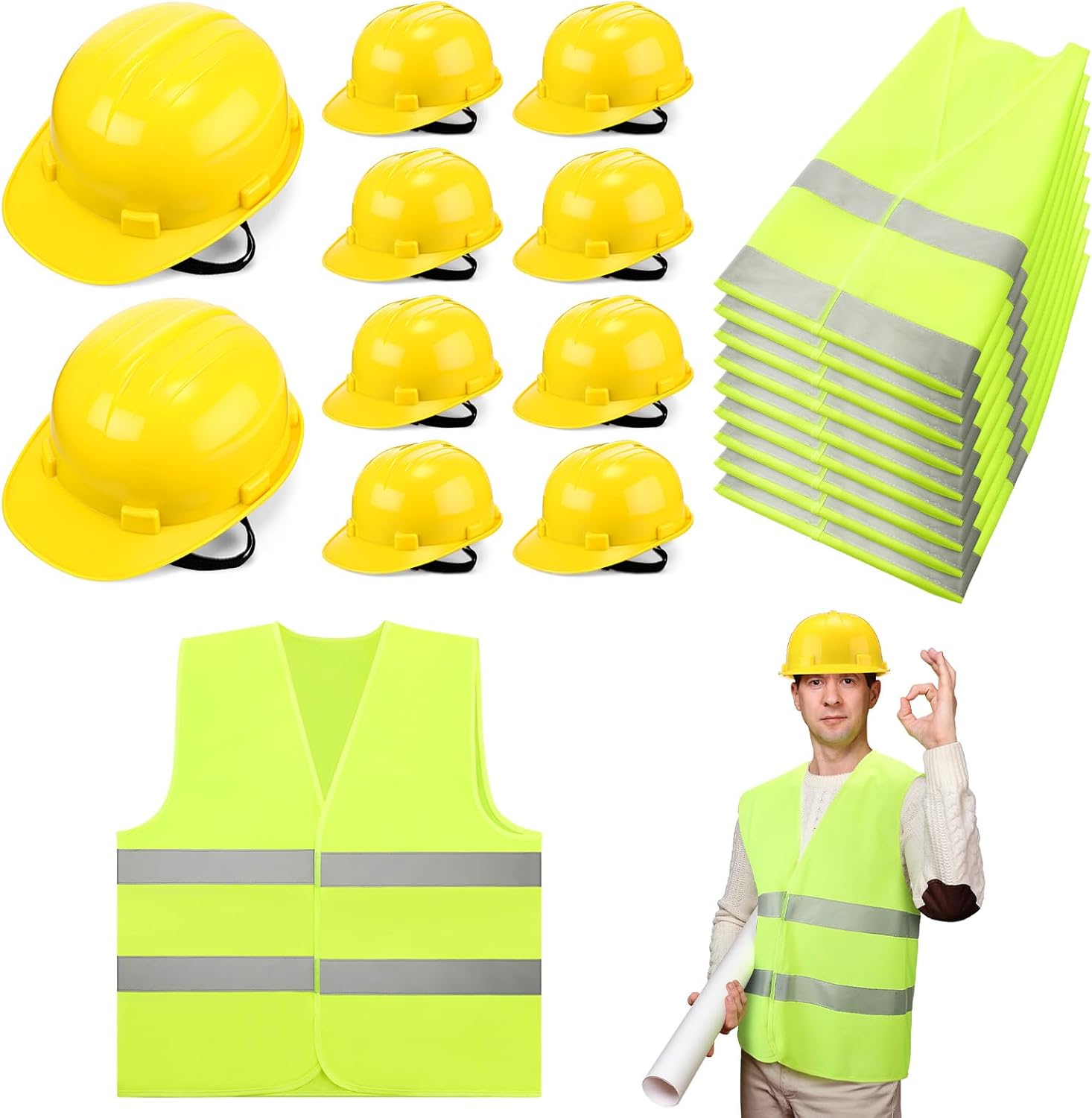 10 Sets Hard Hats and Safety Vest in Bulk Safety Helmet Construction Hardhat Multi Pack Cap Style Self Adjusting for Men Women(Neon Green, Yellow)
