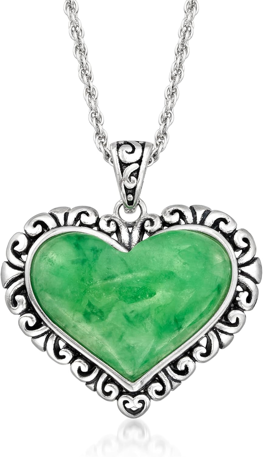 Ross-Simons Jade Heart Pendant Necklace in Sterling Silver. 18 inches