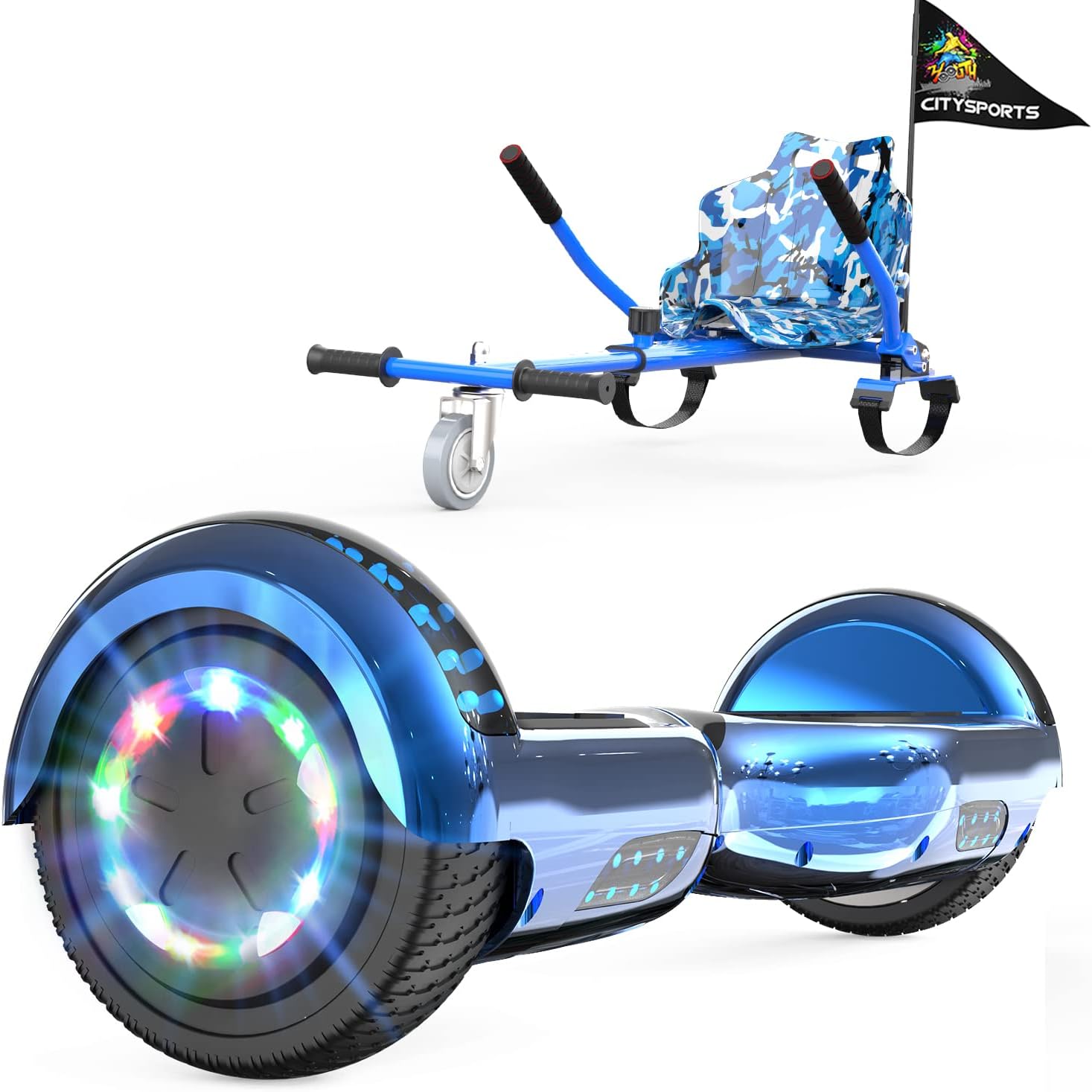 Hoverboards 6.5" with Seat & Hoverkart - LED Lights, Bluetooth Speaker, Flashing Wheels - Gift for Children