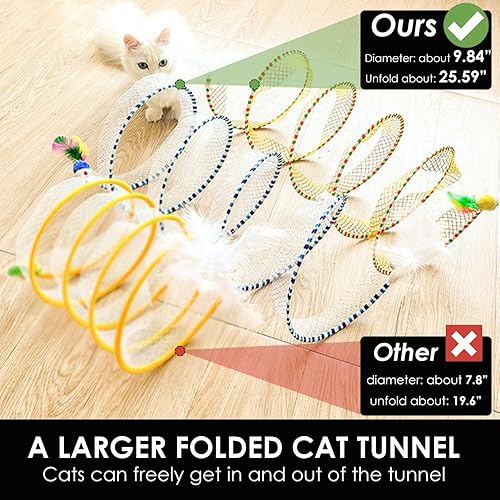 Miniatura 4 de Túneles plegados para gatos de interior, 2 piezas de túnel de tubo plegable grande para gatos con juguetes de ratón de plumas, túnel de juego de