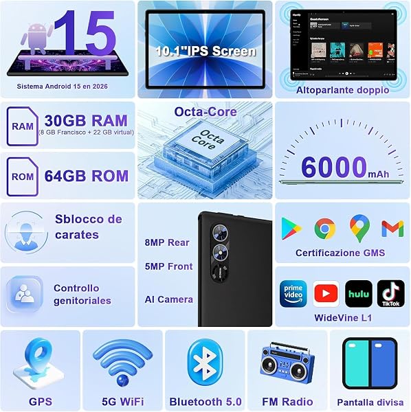 fezawio Android 15 Tablet 10 Pulgadas Gemini AI, Tablet PC Octa-Core, 30 GB RAM + 64 GB ROM (1TB TF), 3.5mm Audio/GMS/WiFi 6 & BT 5.0 / 6000mAh / GPS/Widevine L1, Tableta con Teclado-Negro - 5