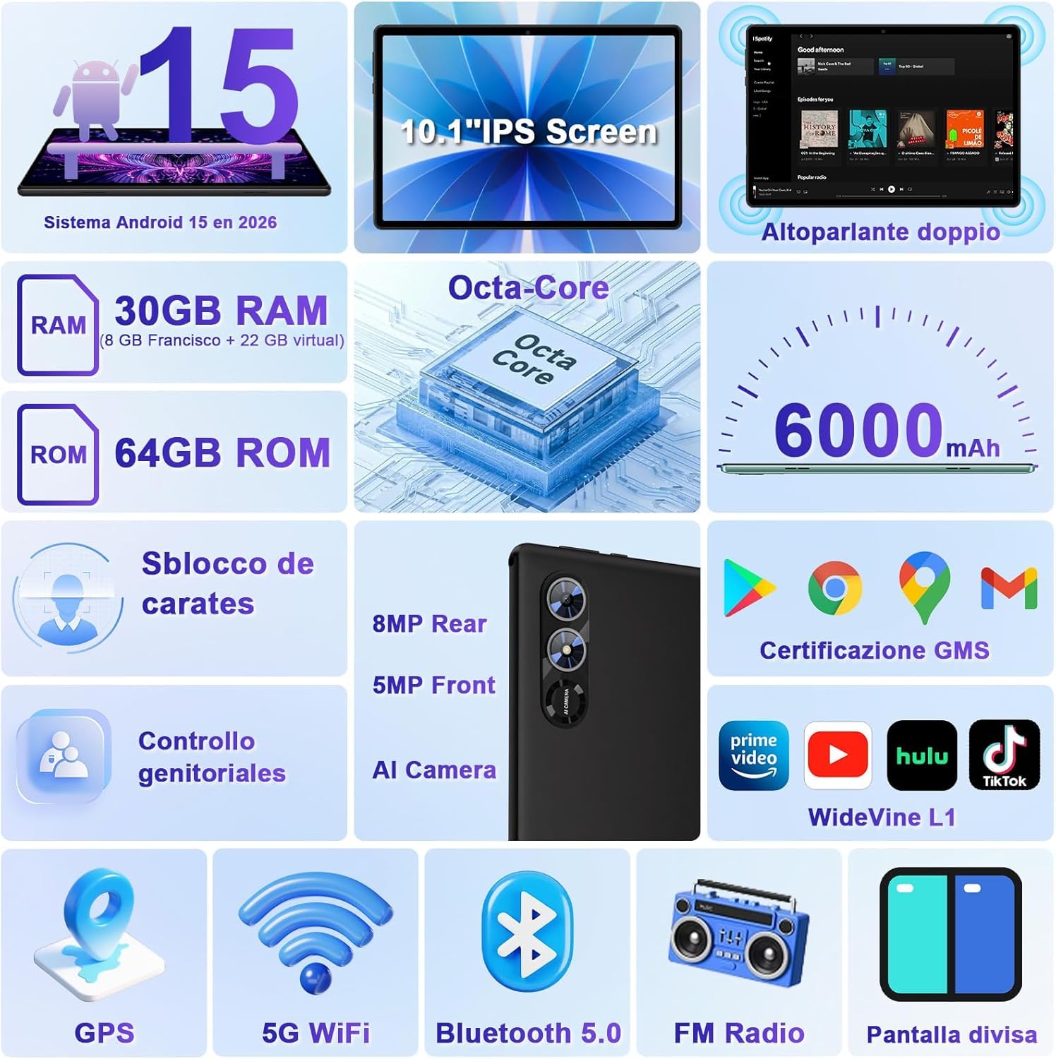 fezawio Android 15 Tablet 10 Pulgadas Gemini AI, Tablet PC Octa-Core, 30 GB RAM + 64 GB ROM (1TB TF), 3.5mm Audio/GMS/WiFi 6 & BT 5.0 / 6000mAh / GPS/Widevine L1, Tableta con Teclado-Negro — view 5