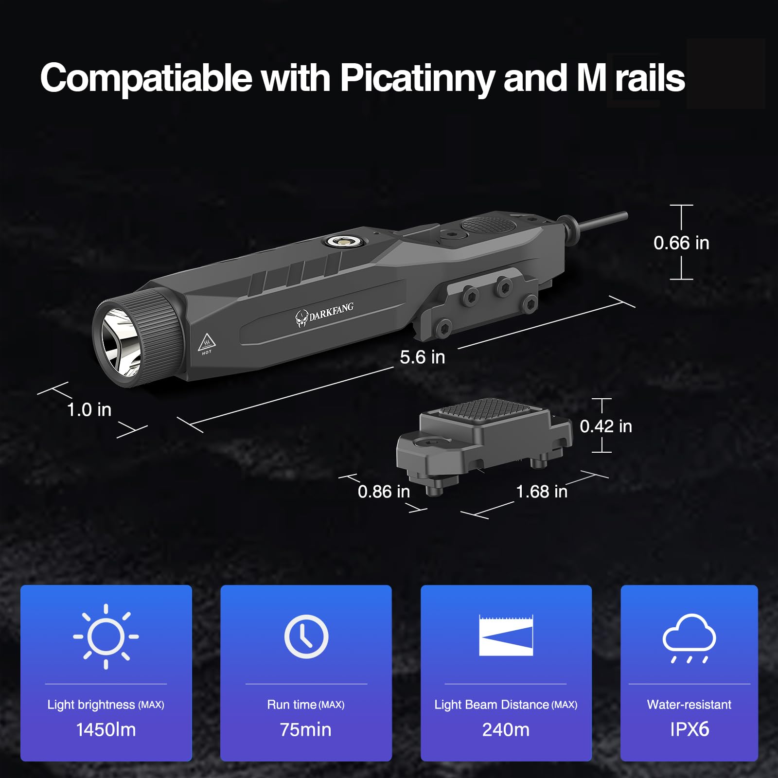 DARKFANG Lampe Tactique de 1450 lumens avec télécommande pour Picatinny et M-Rails