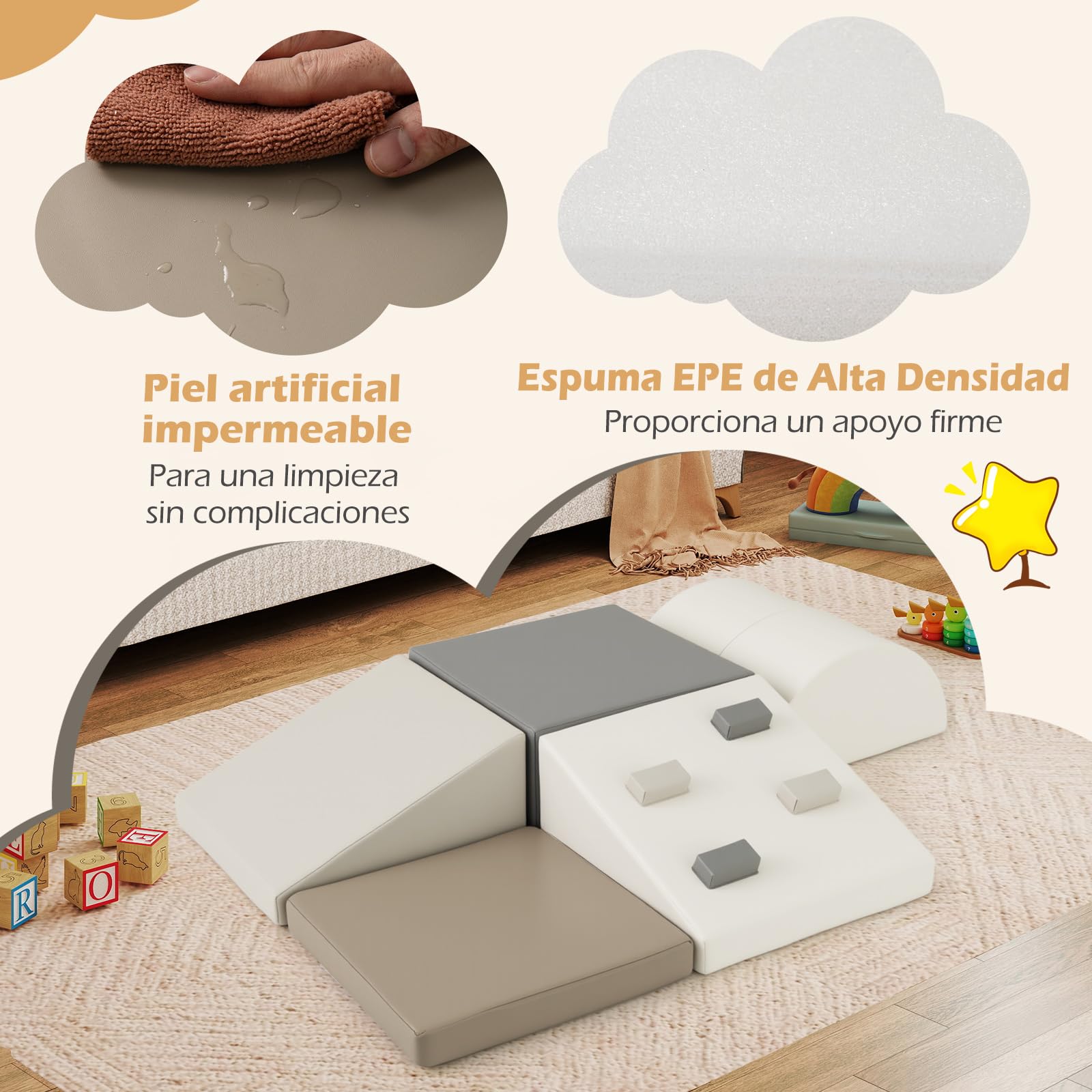 COSTWAY Juego de 6 Bloques de Espuma para Niños, Set de Escalada Suave Ligero para Interior Infantil para Escalar, Juego de Trepar y Gatear, Regalo para Bebés y Niños de 1+ Años (Blanco y Gris)