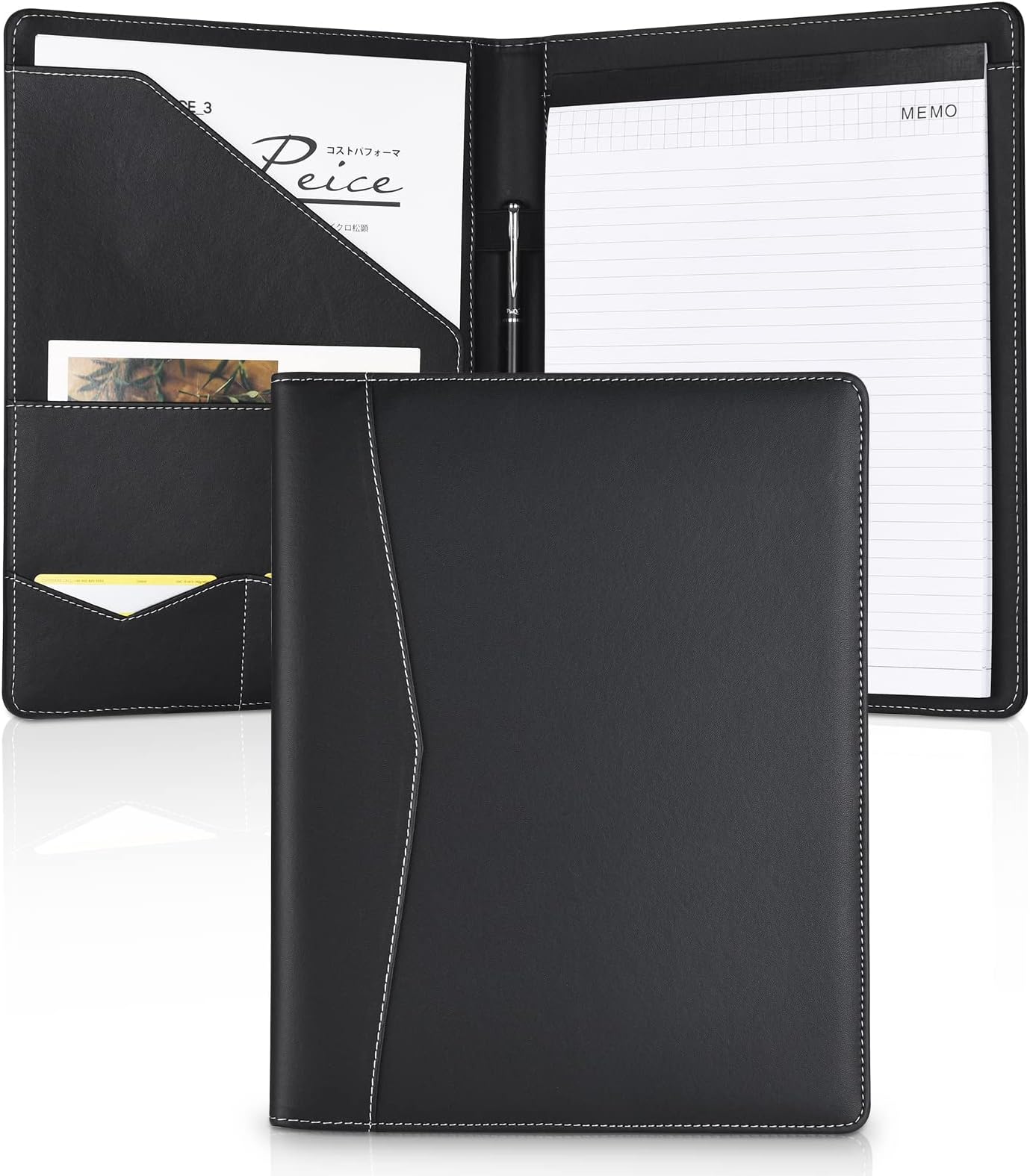 Pacific Mailer Padfolio Portfolio Leather Binder, Interview Legal Document Organizer, Business Card Holder Included Letter Sized Writing Pad [Piano Noir Faux Leather Matte Finish]