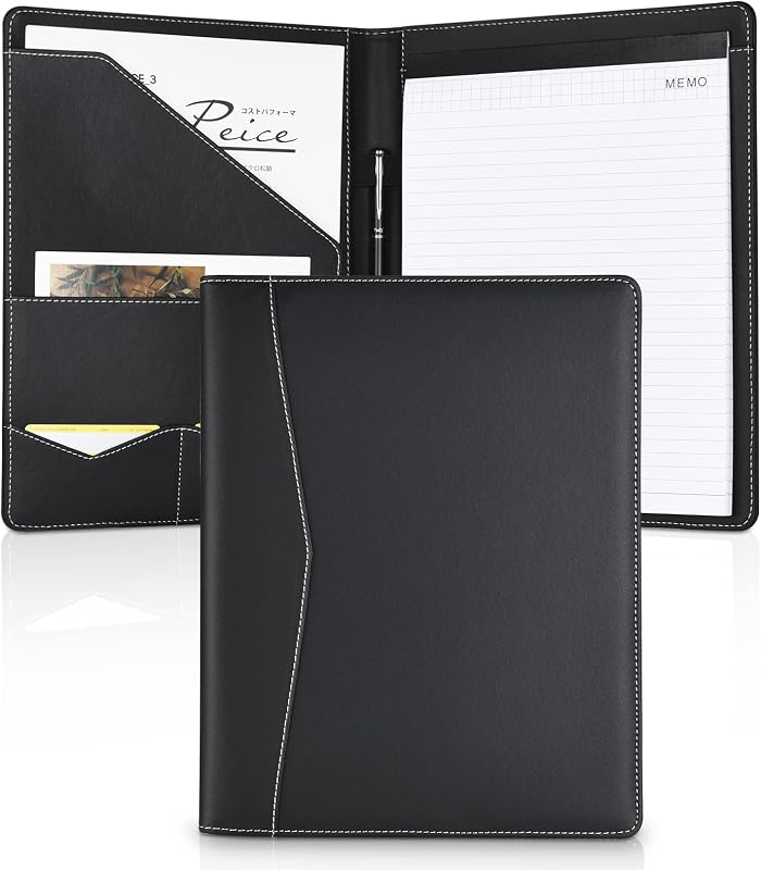Padfolio Portfolio Leather Binder, Interview Legal Document Organizer, Business Card Holder Included Letter Sized Writing Pad [Piano Noir Faux Leather Matte Finish]