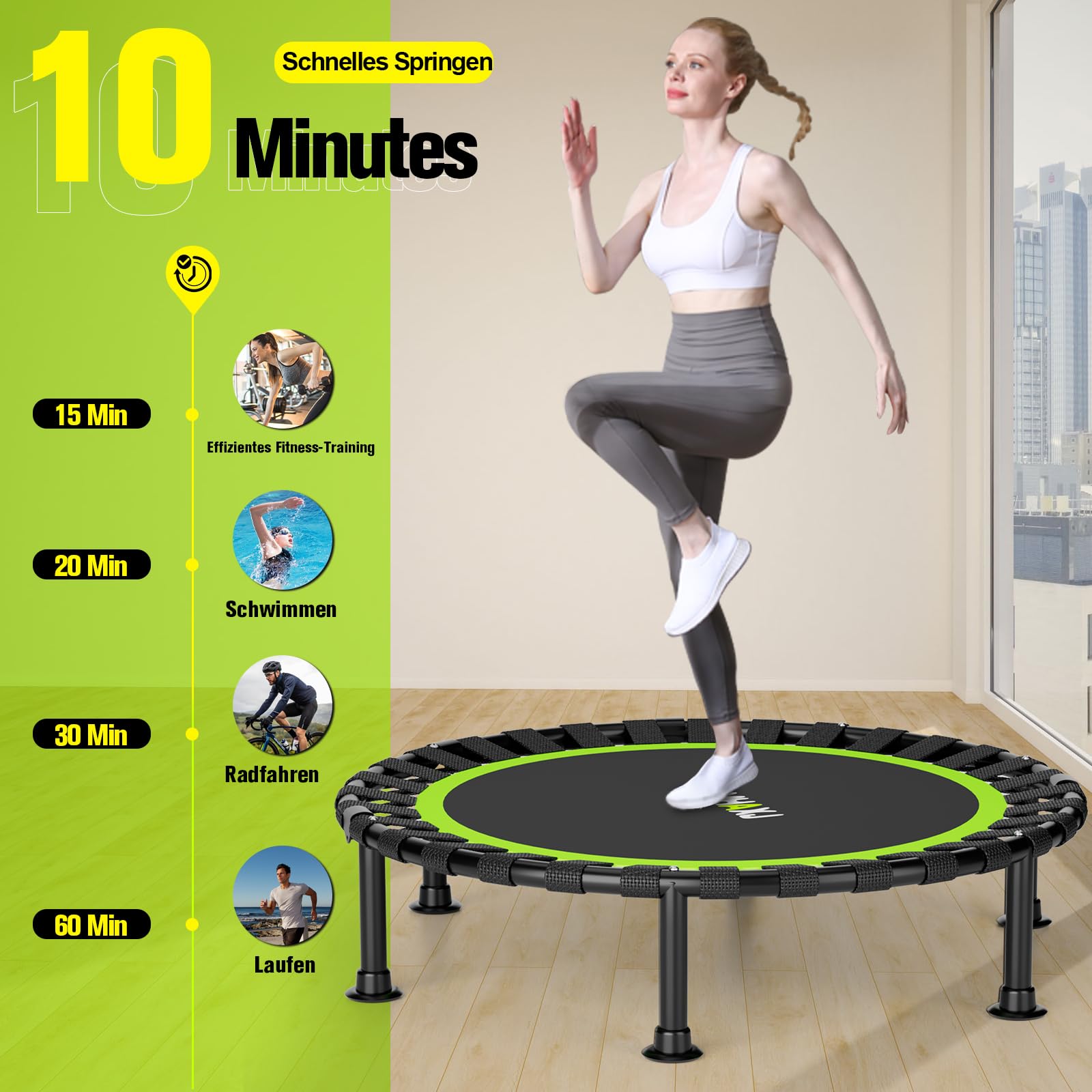 ZCMHAXJ Faltbares Mini-Trampolin, 101,6 cm, Rebounder-Trampolin für Erwachsene und Kinder, 204 kg Kapazität mit/ohne U/T-Form, verstellbare Stange, Indoor-Fitness-Workout-Übungsgerät