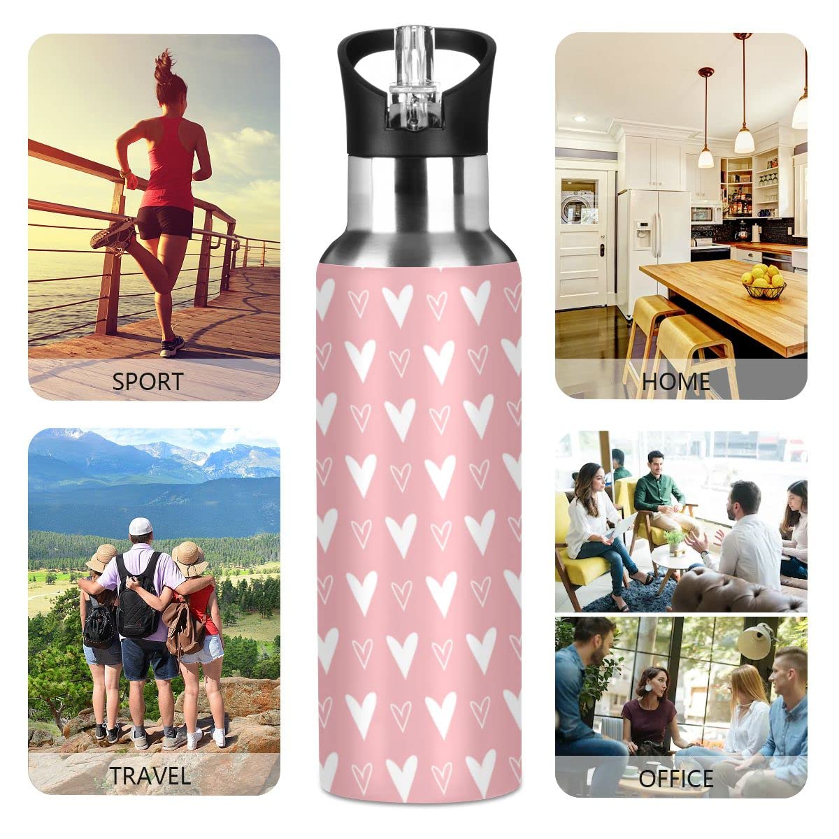 Edelstahl Wasserflasche mit Strohhalm, Herzmuster Isolierte Trinkflasche Sport Wasserflasche für Kinder Erwachsene, auslaufsicher, 1L