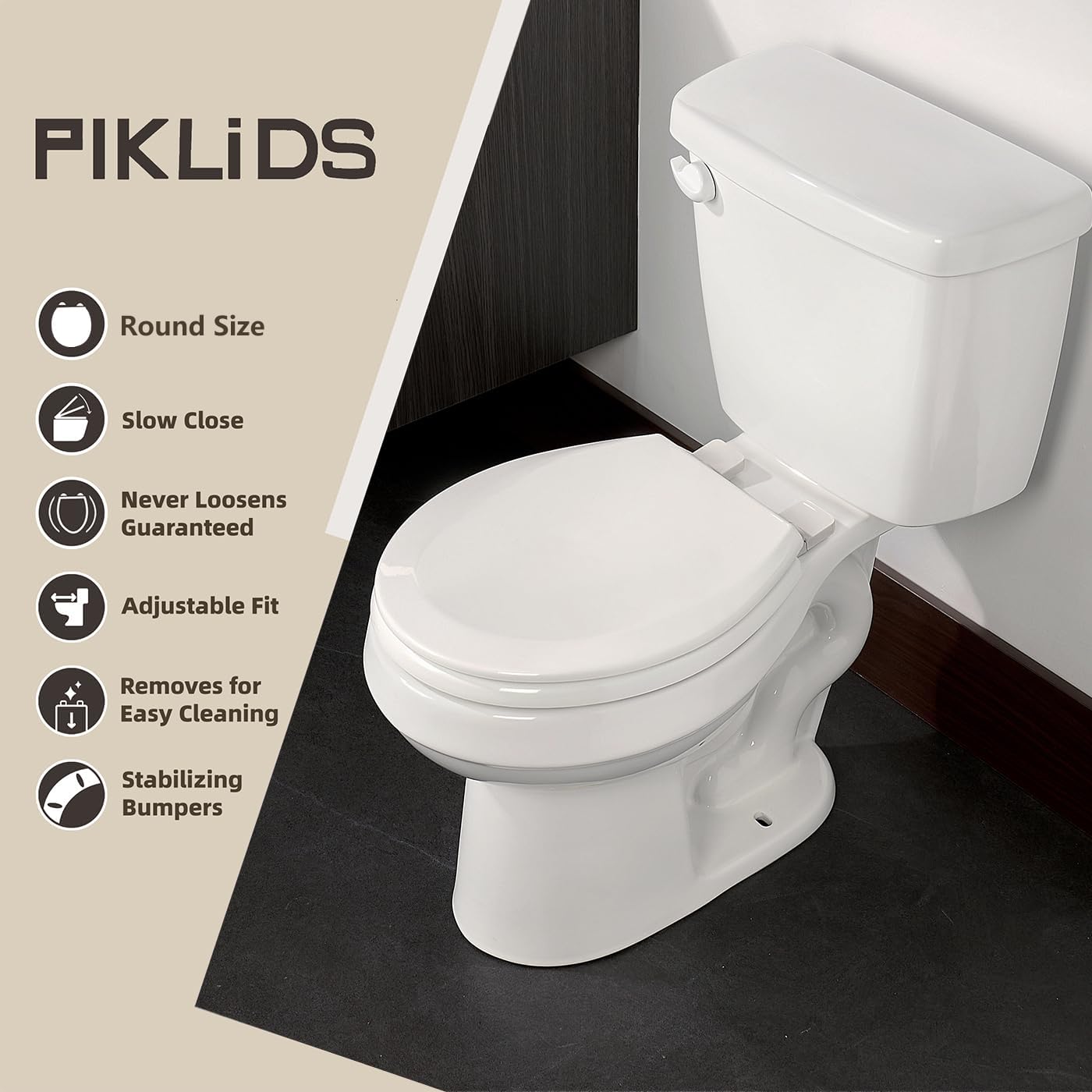 wood toilet seat, slow close, high gloss finish, premium moulded wood, quick release, white, piklids (round)