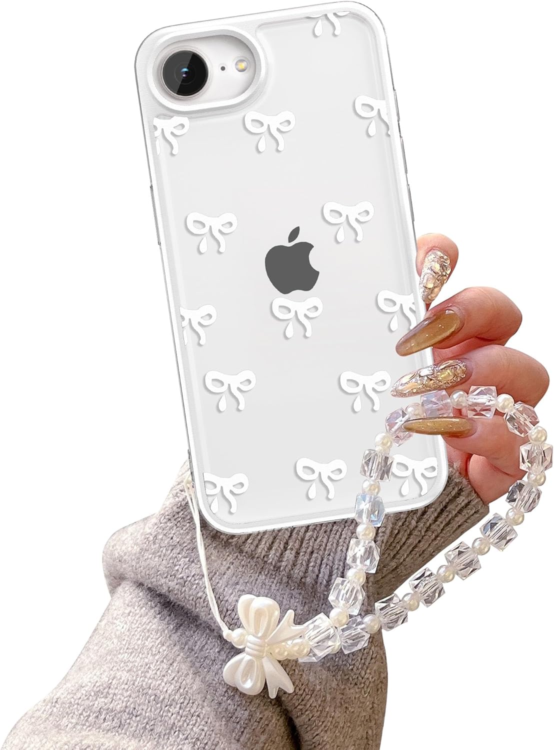 EYZUTAK Case for iPhone 16e, Clear Cute Ribbon Bowknot Aesthetic Phone Case with Charm Bracelet Chain Raised Camera Protection Stylish Soft Durable TPU Protective Cover for Women Girls - White