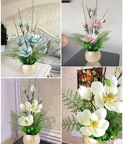 Miniatura 4 de Flor artificial en maceta, flor artificial de magnolia con jarrón redondo dorado, hojas falsas, arreglo floral floral de seda para boda, decoración