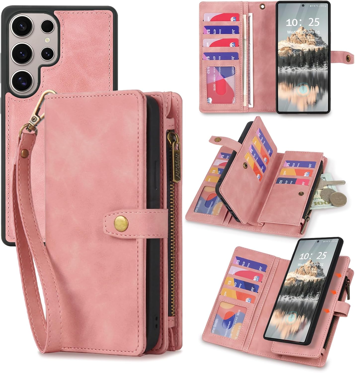 TwoHead for Samsung Galaxy S25 Ultra Wallet Case with Card Holder, Detachable Magnetic Phone Case for S25 Ultra,PU Leather All-Round Protective Phone Case Wallet with Wrist Strap,Pink for Galaxy S25 Ultra Pink