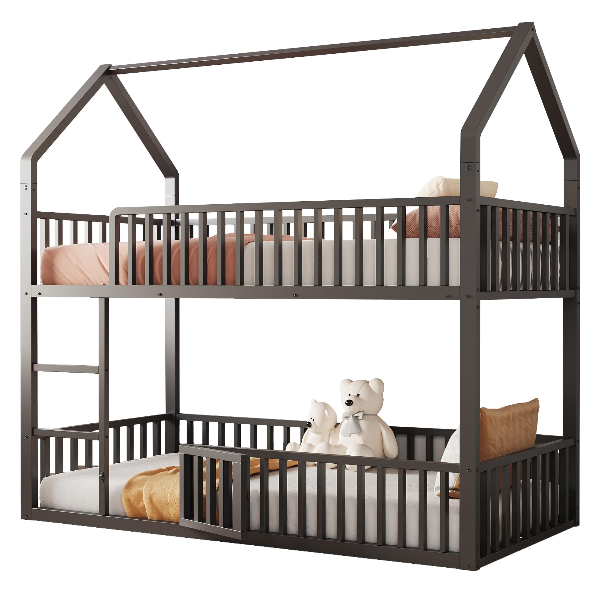 Letto a castello per bambini a forma di casa 90x200 per 2 bambini, lettino in metallo con scala e griglia di sicurezza, letto inferiore con porta piccola per aprire e chiudere (nero, 90x200)