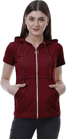Moomaya Womens Zip Up Hoodie Short Sleeves Top Pockets Casual Hoodies