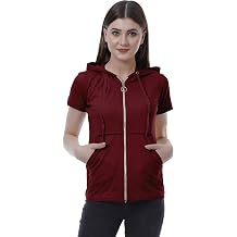 Moomaya Womens Zip Up Hoodie Short Sleeves Top Pockets Casual Hoodies