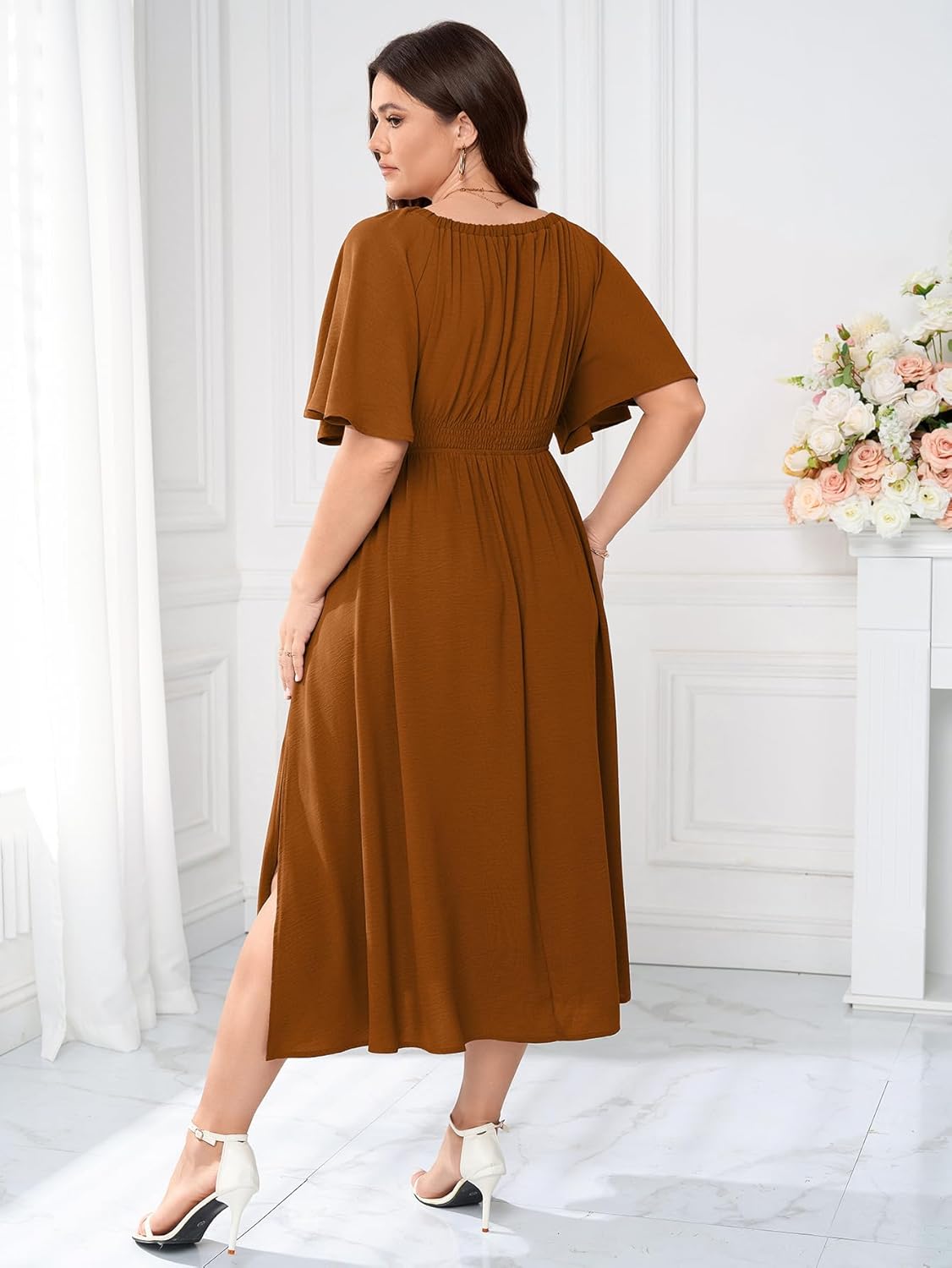 Womens Plus Size Formal Dress V Neck Flutter Short Sleeve Split A Line Boho Maxi Dresses for Wedding Guest - Image 2