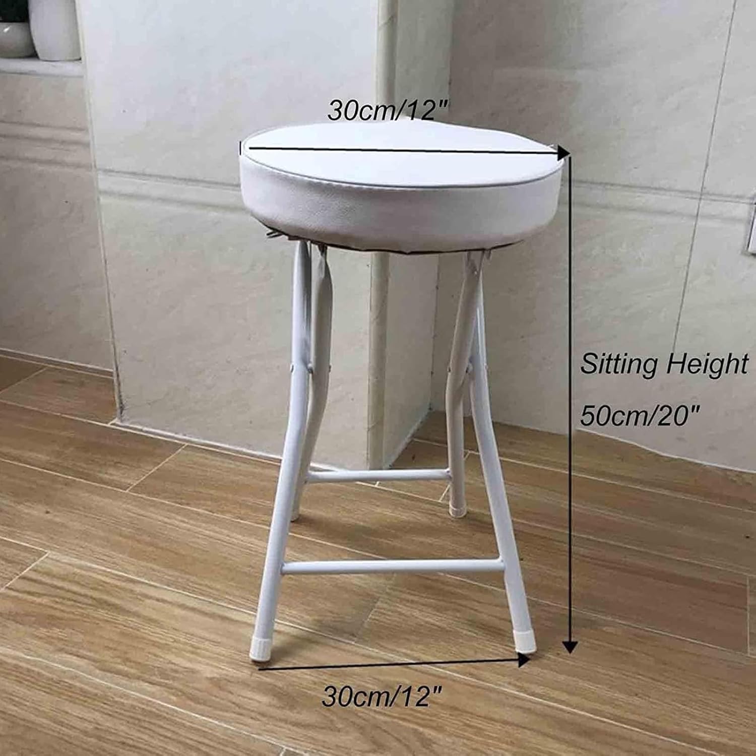 20" Home Breakfast Folding Stool, Foldable Padded Round Stool with 250 Pound Capacity for Fishing Hiking Gardening Travel BBQ (Color : White) (White+Silver One Size)