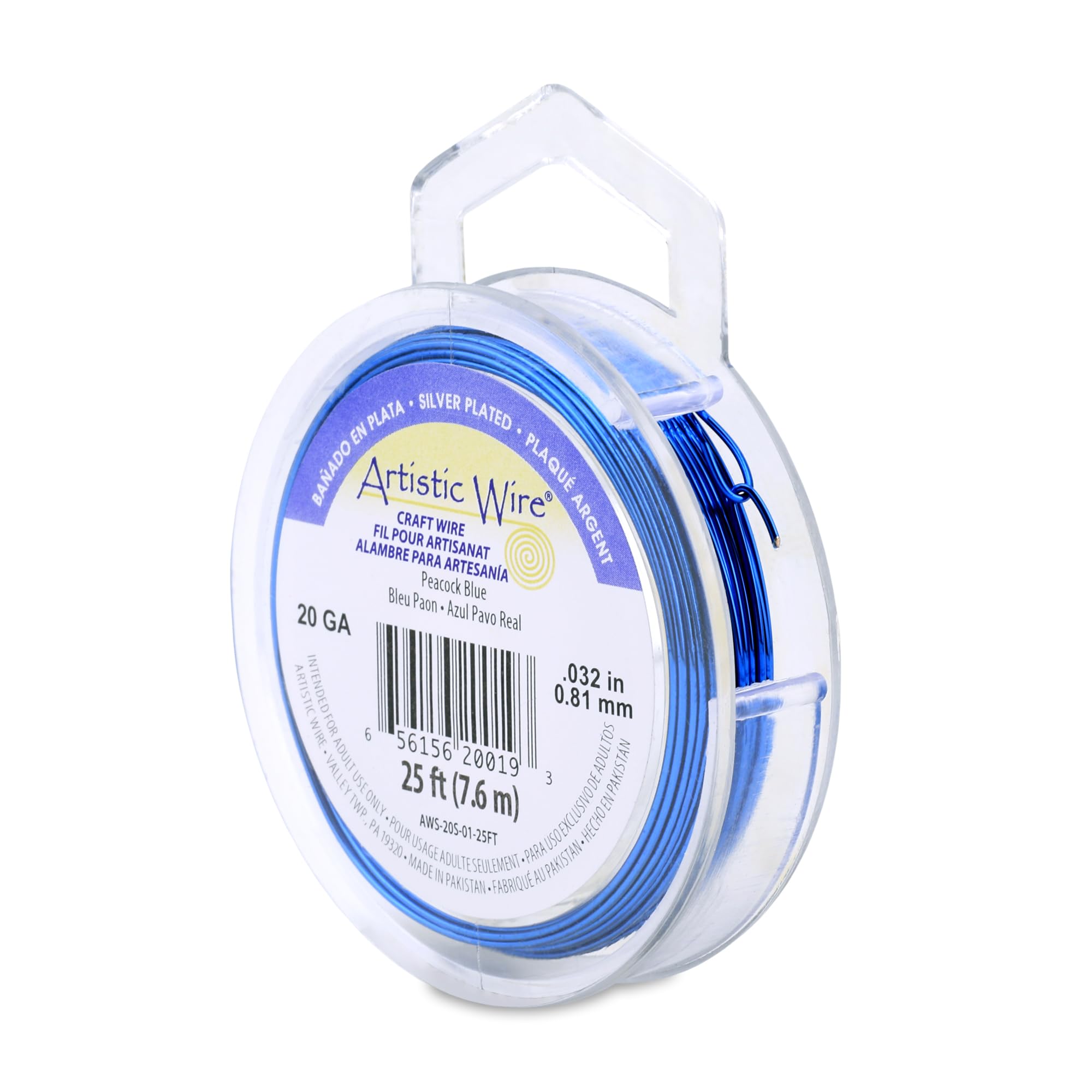 Artistic Wire, 20 Gauge Silver Plated Tarnish Resistant Colored Copper Craft Wire, Peacock Blue, 25 ft