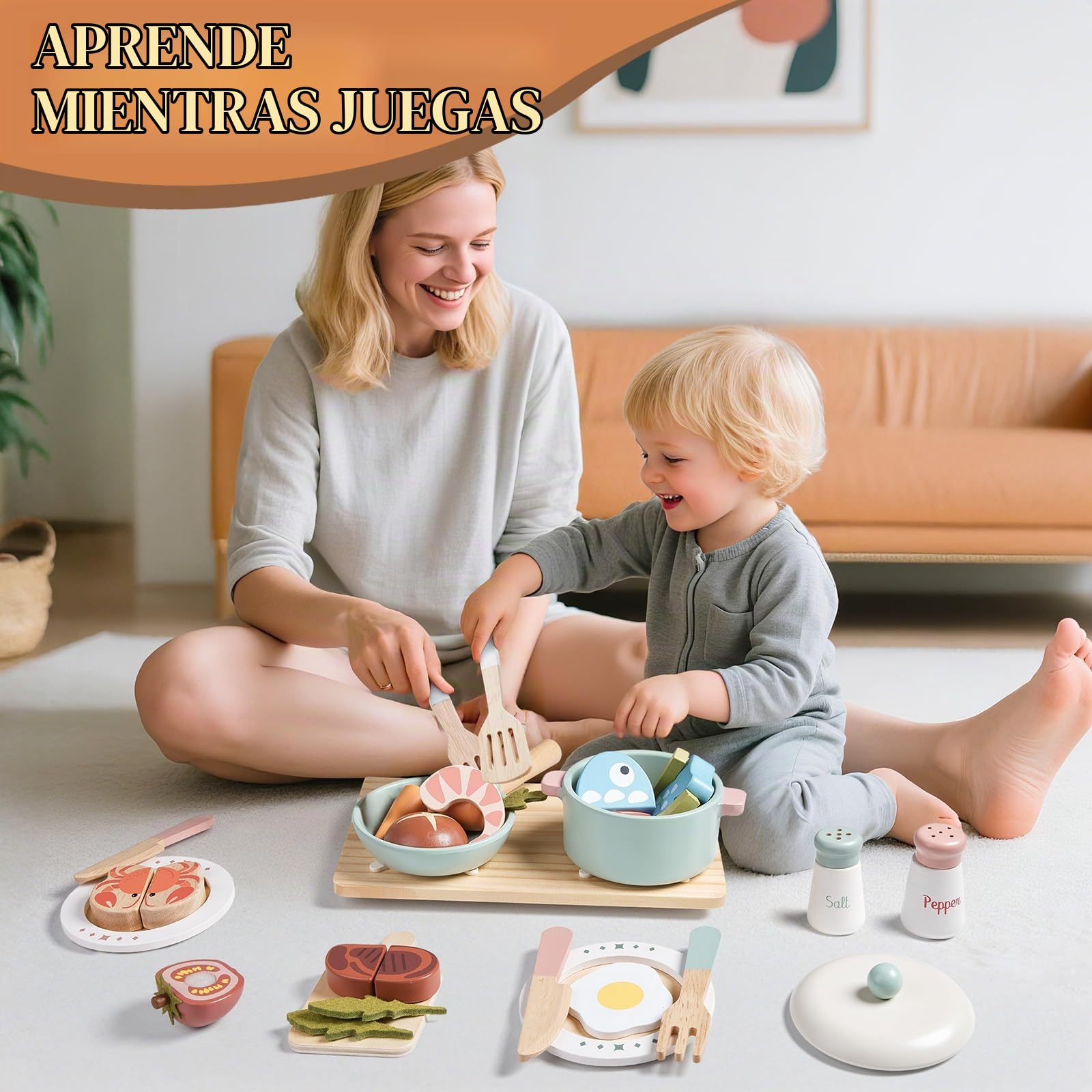 Accesorios de cocina de juego de madera, juego de ollas y sartenes para niños, juego de cocina con estufa de juguete, juegos de cocina para niños pequeños, juguetes de comida para niños pequeños, 3-5