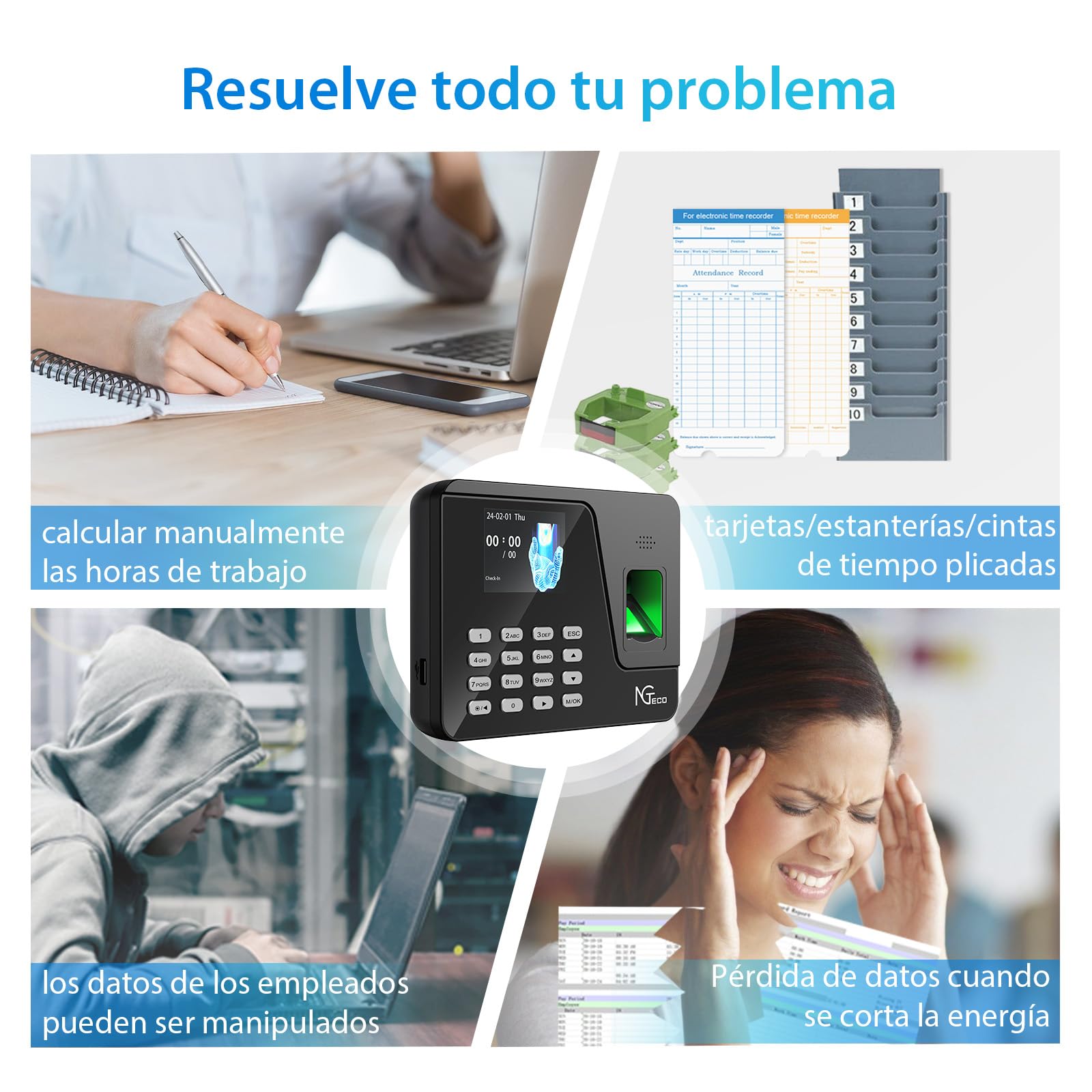 NGTeco Control Horario Empleados con Instalación Sencilla para Pequeñas Empresas en España, Funciona sin Internet, Cálculo Automático y Reloj Fichar con Huella AS10 (Sin Cuota Mensual)