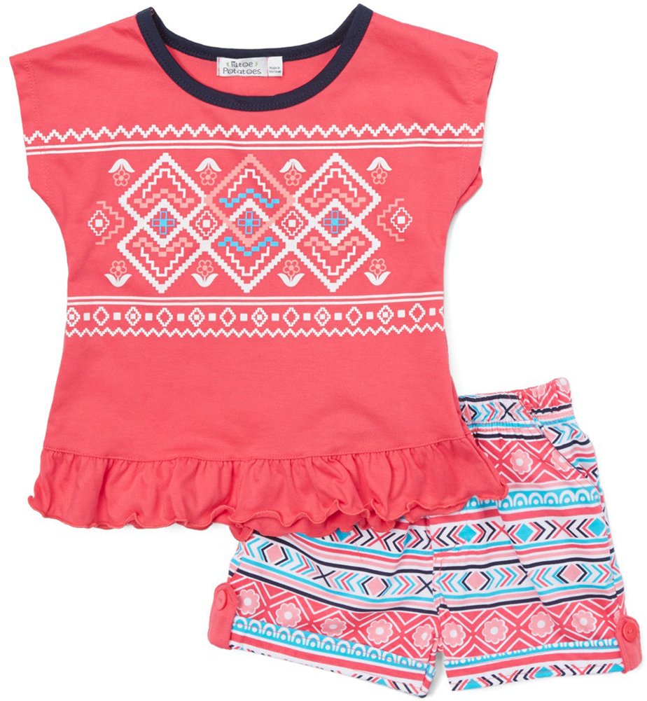 ToBeInStyle Girl's Two Piece Summer Set Cute Tee Top and Matching Shorts Adorable Outfit