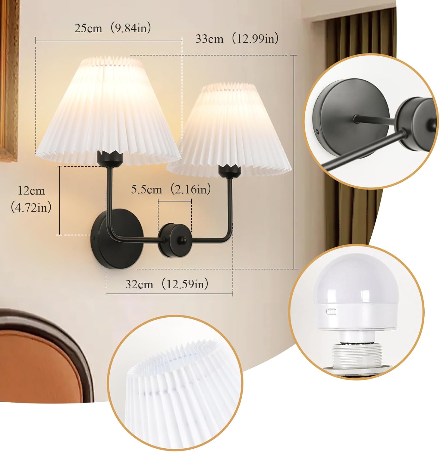 Double Light Battery Operated Wireless Wall Sconces with White Pleated Fabric lampshade, 2-Light Antique Brass Sconce for Bathroom Vanity Hallway Stairway Living Room (Gold ＆ Black)