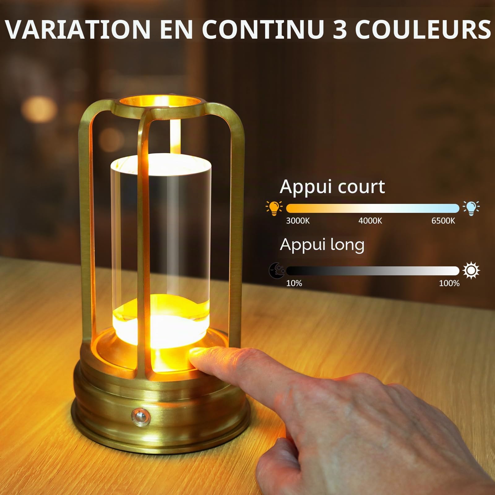 Kangtaixin Lampe de table rechargeable sans fil, lampe tactile LED portable avec 3 niveaux de luminosité, batterie 2000mAh, pour extérieur, jardin, restaurant et camping, or, lot de 2