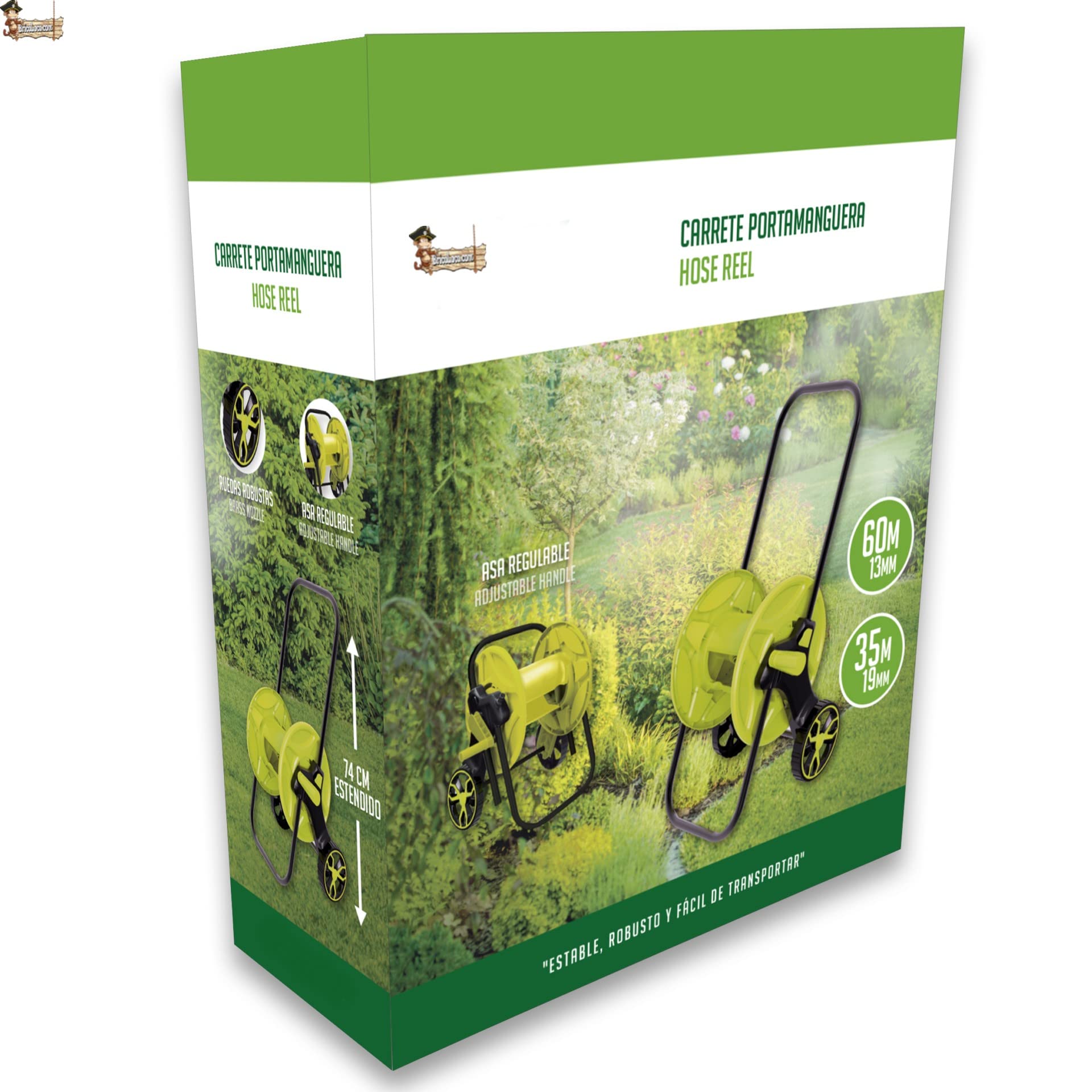 BricoLoco.com Mulinello Supporto Tubo da giardino o irrigazione con avvolgitore fino a 25 metri Raccogli tubi Acqua arrotolabili Carrello porta maniglione con ruote, presa rapida e antigoccia.