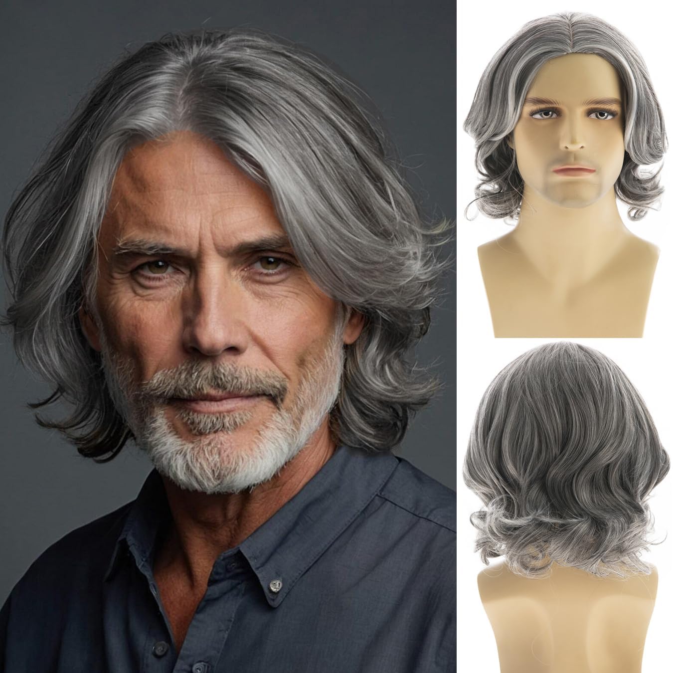 Beweig Mens Grey Short Wavy Bob Wig Synthetic Cosplay Party Replacement, gray, 22,5 cm