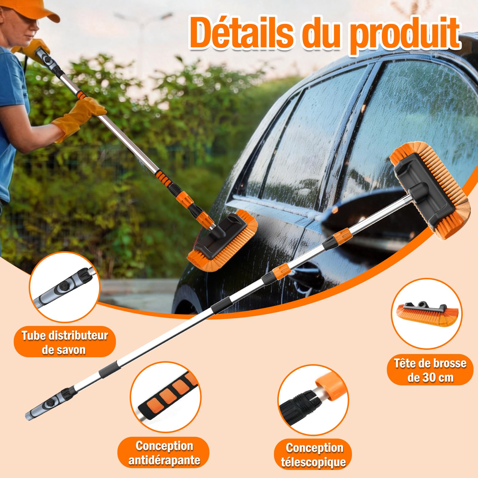 LAANPOLE Brosse Lavage Voiture 3,6m, Brosse Nettoyage Voiture avec Poils Doux 30cm Et Distributeur De Savon, Balai Nettoyage Voiture avec Perche Télescopique pour Camping-Car, Camion, Bateau, Orange