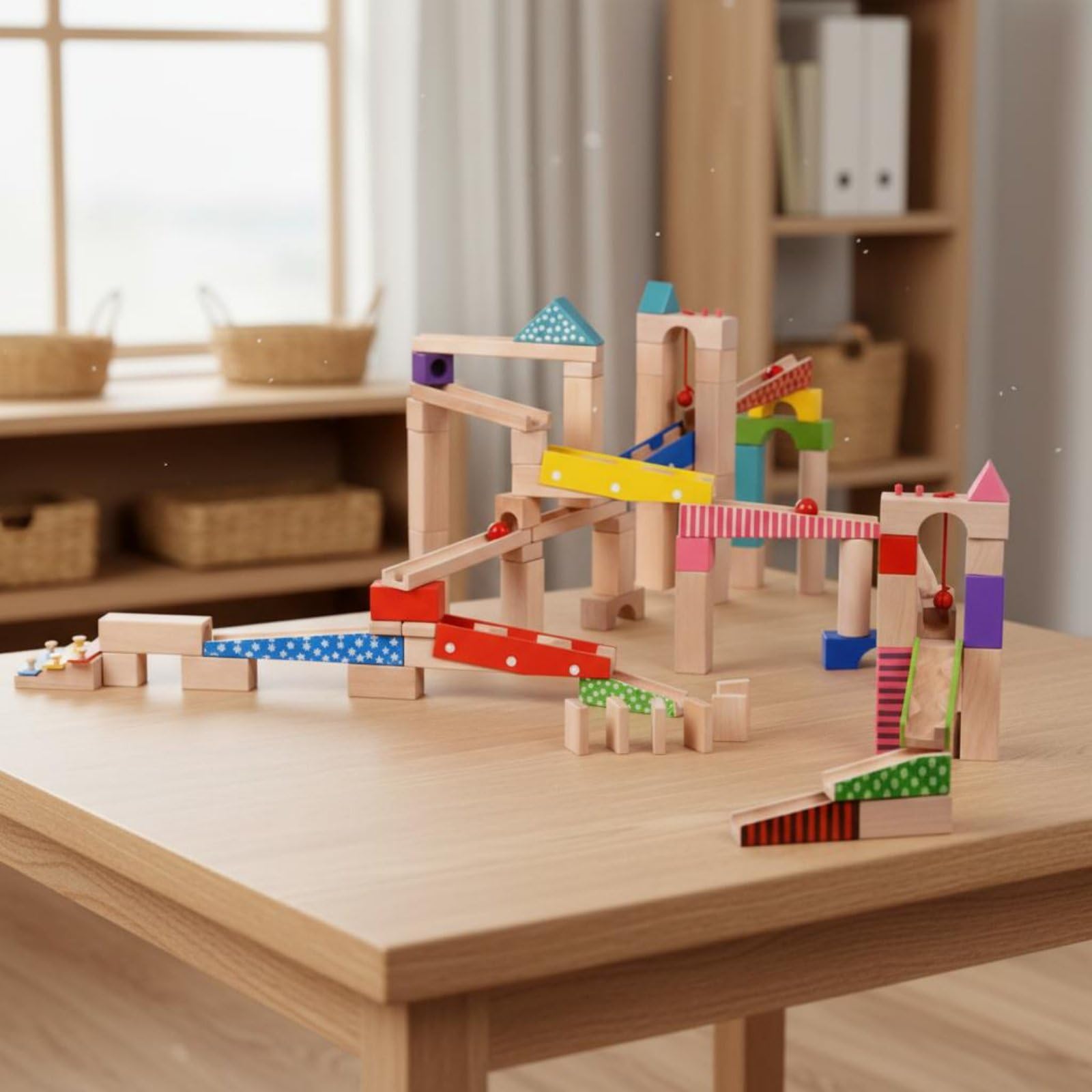 Kinder Bausteine Holz Murmelbahn Set Baukasten Kugelbahn Murmelrennbahn aus Buchenholz mit Wasserbasiertem Anstrich Stärkt Räumliche Wahrnehmung Teamspiel für Vorschulkinder Zuhause