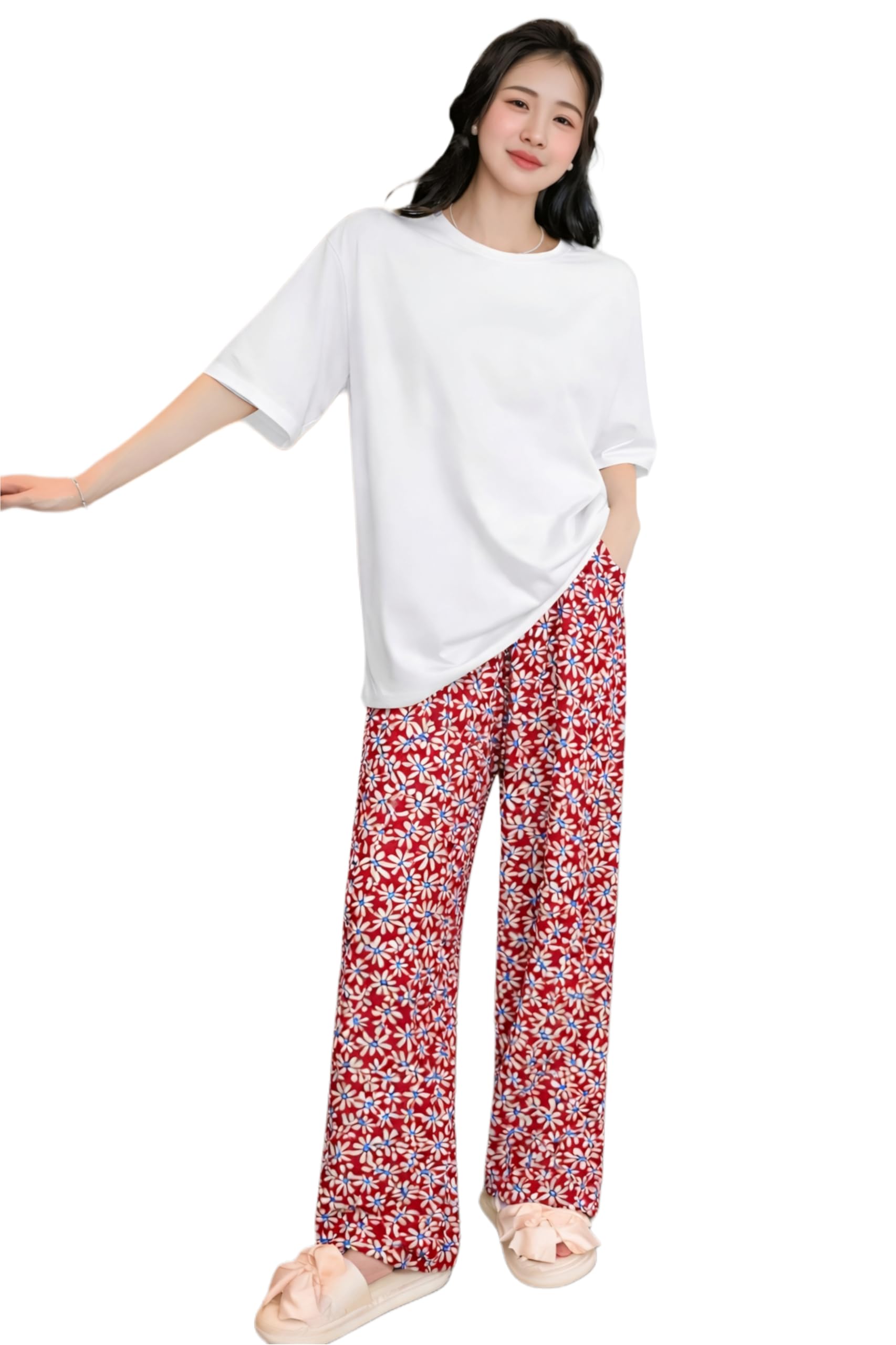 Cotton Night Suit for Women Round Neck Half Sleeve Nightsuit Set | Summer Night Dress for Woman Pyjama & Tshirt Set | Lounge Wear Everyday Soft Breathable Sleepwear (Red Changrita)-image-32