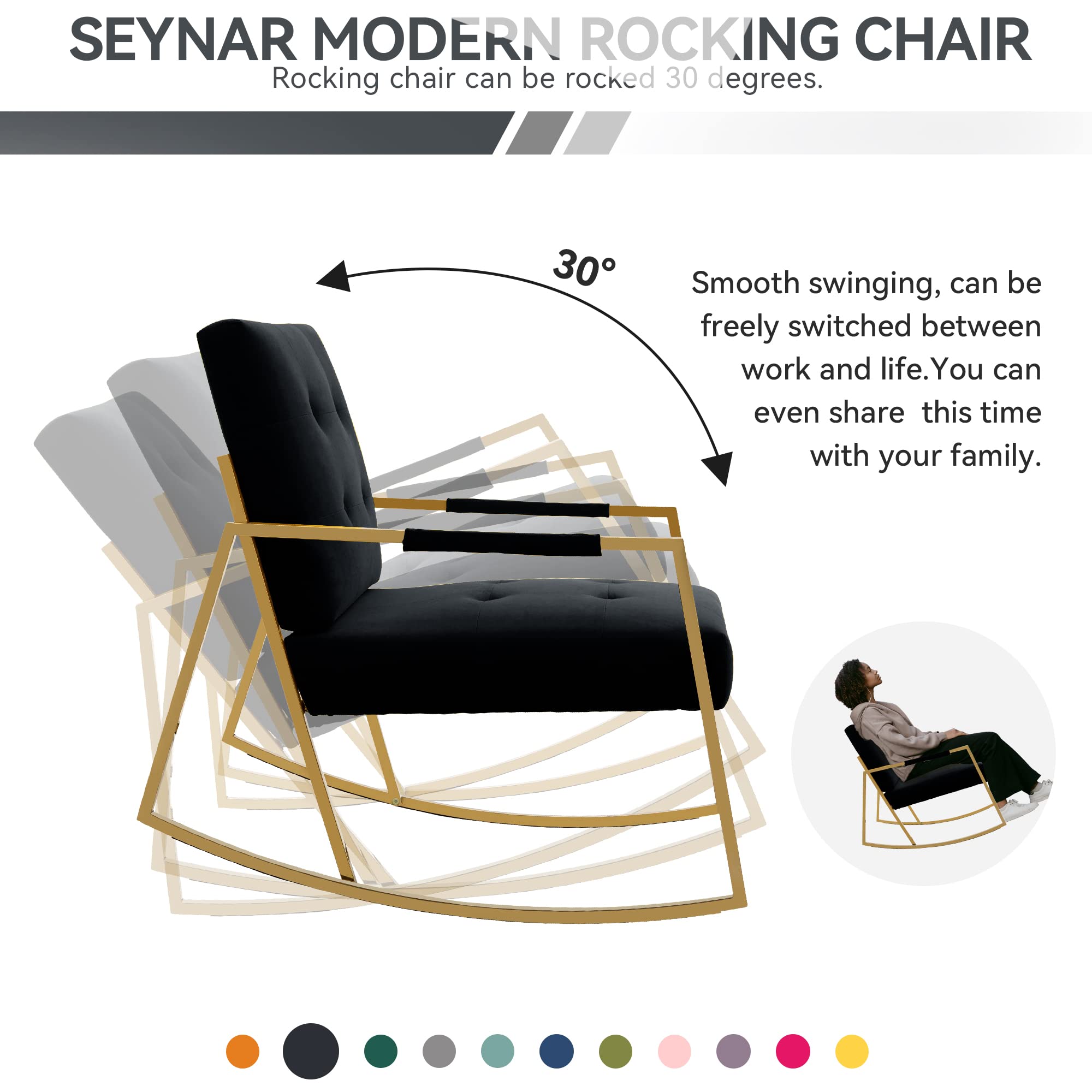 SEYNAR Rocking Chair,Upholstered Accent Chairs,Comfy Glider Living Room Chairs for Padded Seat with Golden High Armrest,Rocking Chair Nursery for Living Room,Dining Room,Bedroom,Kitchen(Black)
