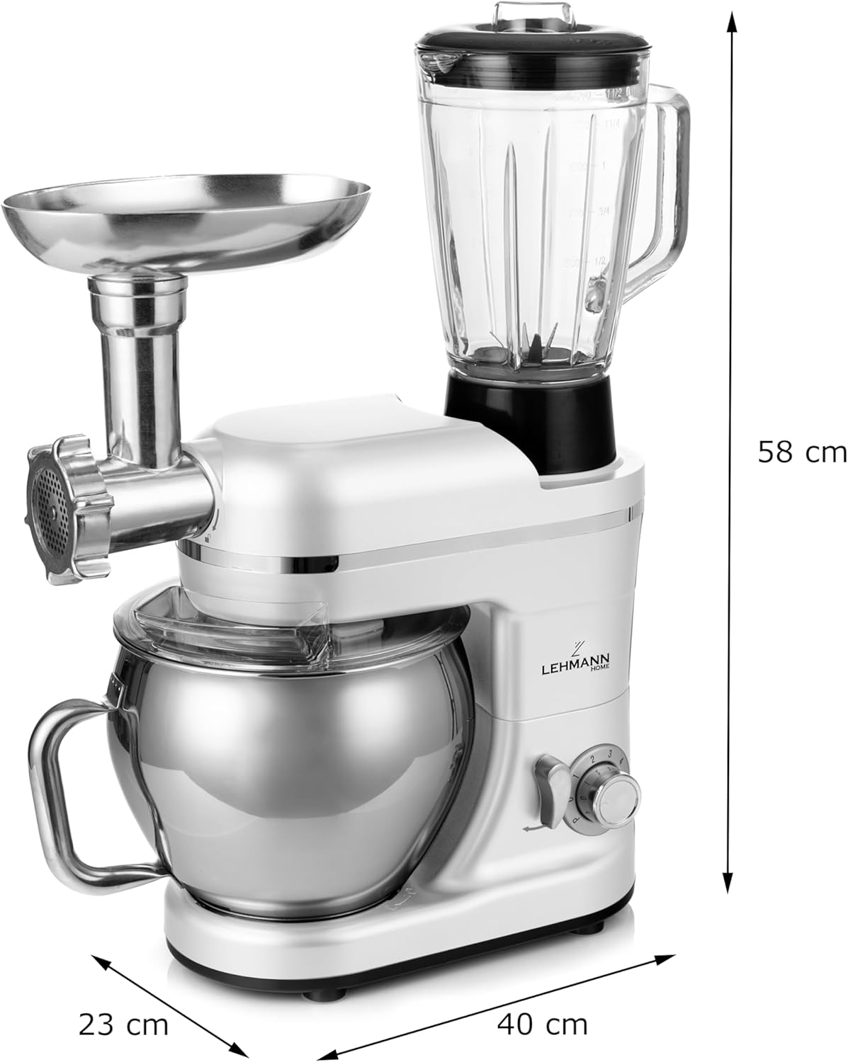 Diagram showing the dimensions of the Lehmann Kitchen Machine: 58 cm height, 40 cm width, 23 cm depth