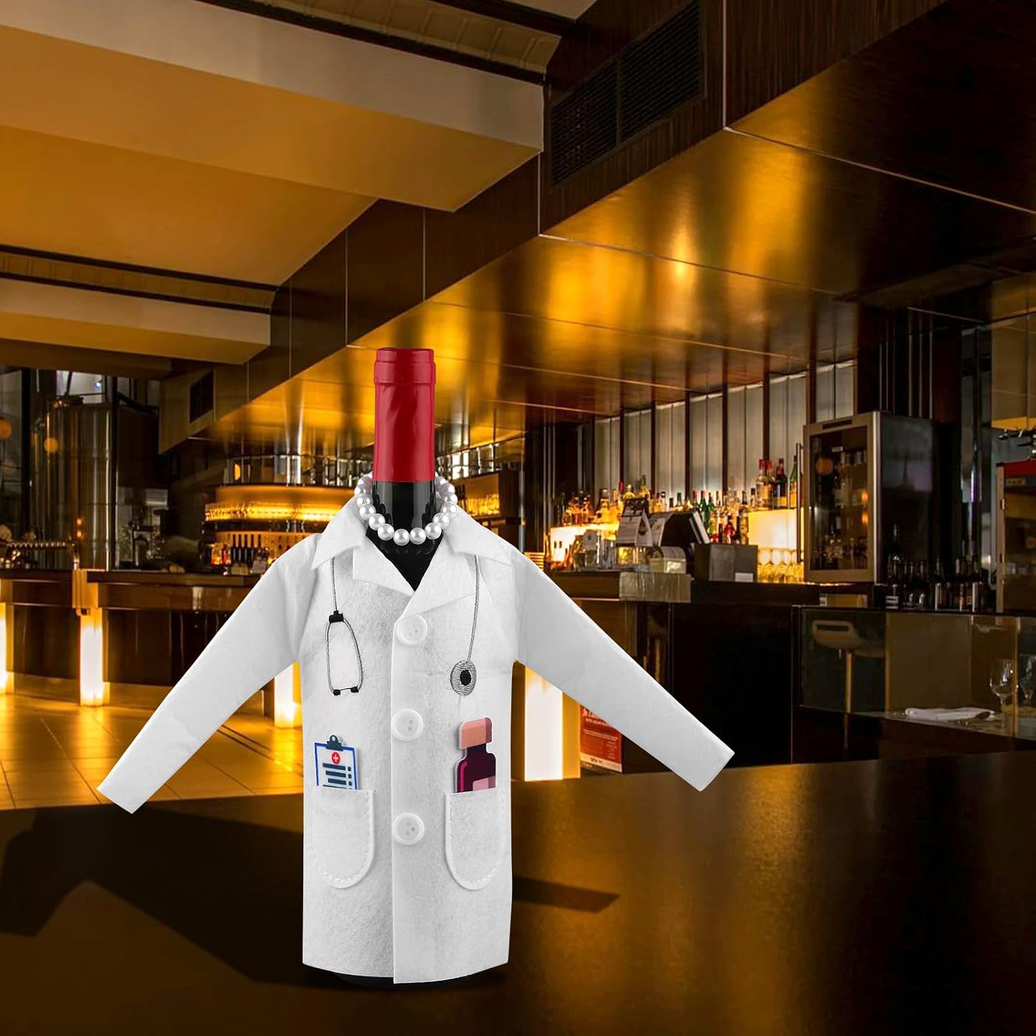 White Coat Wine Bag, Felt Nurse White Coat Wine Bottle Cover with Syringe Necklace Thermometer Funny Wine Wrapping Clothes Cover Nurse Practitioner Gifts for Male Female Graduation