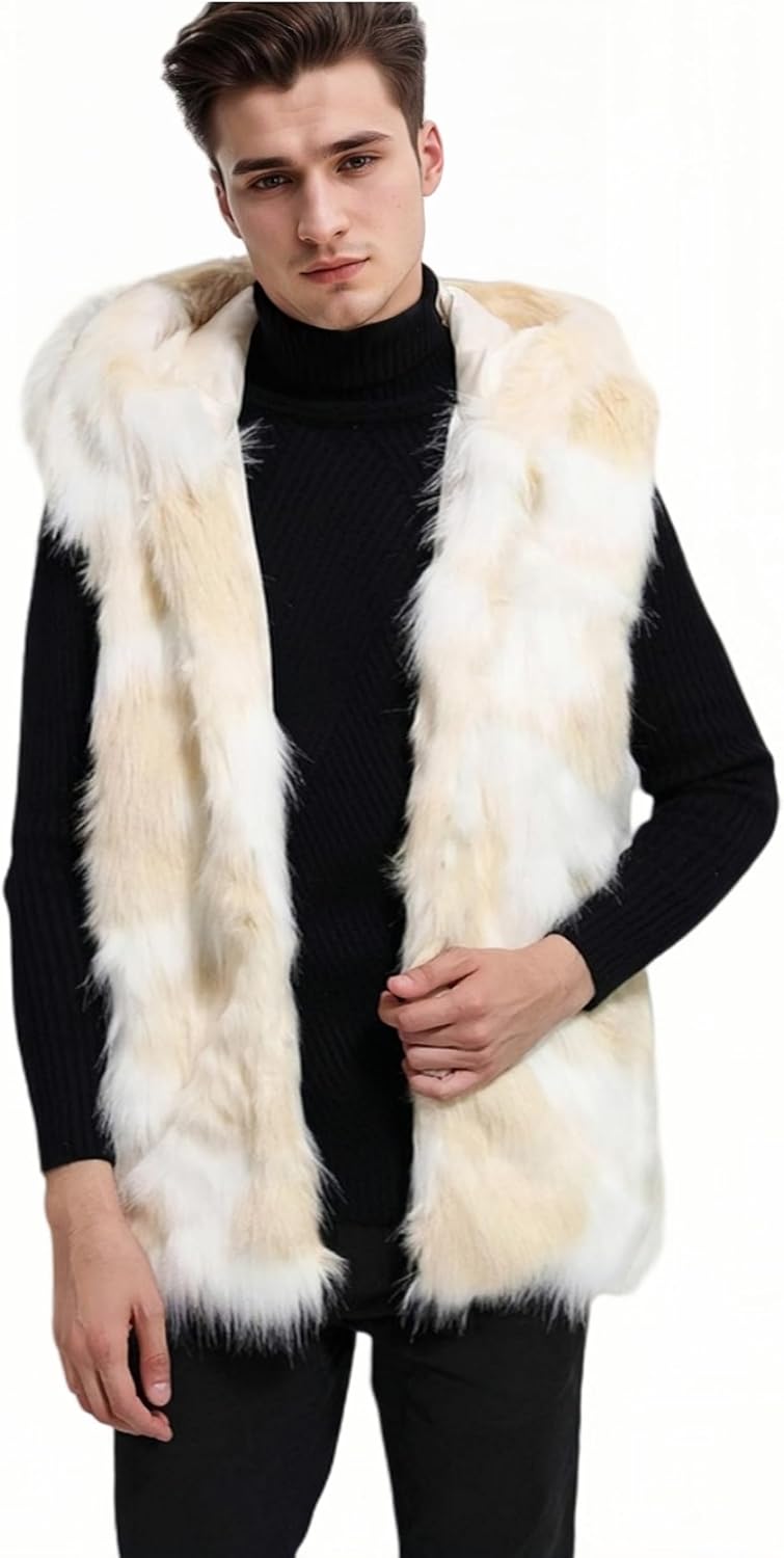 UMREN Mens Warm Leopard Faux Fur Coats Jacket Long Luxury Overwear Parka Cardigans XX-Large Camel