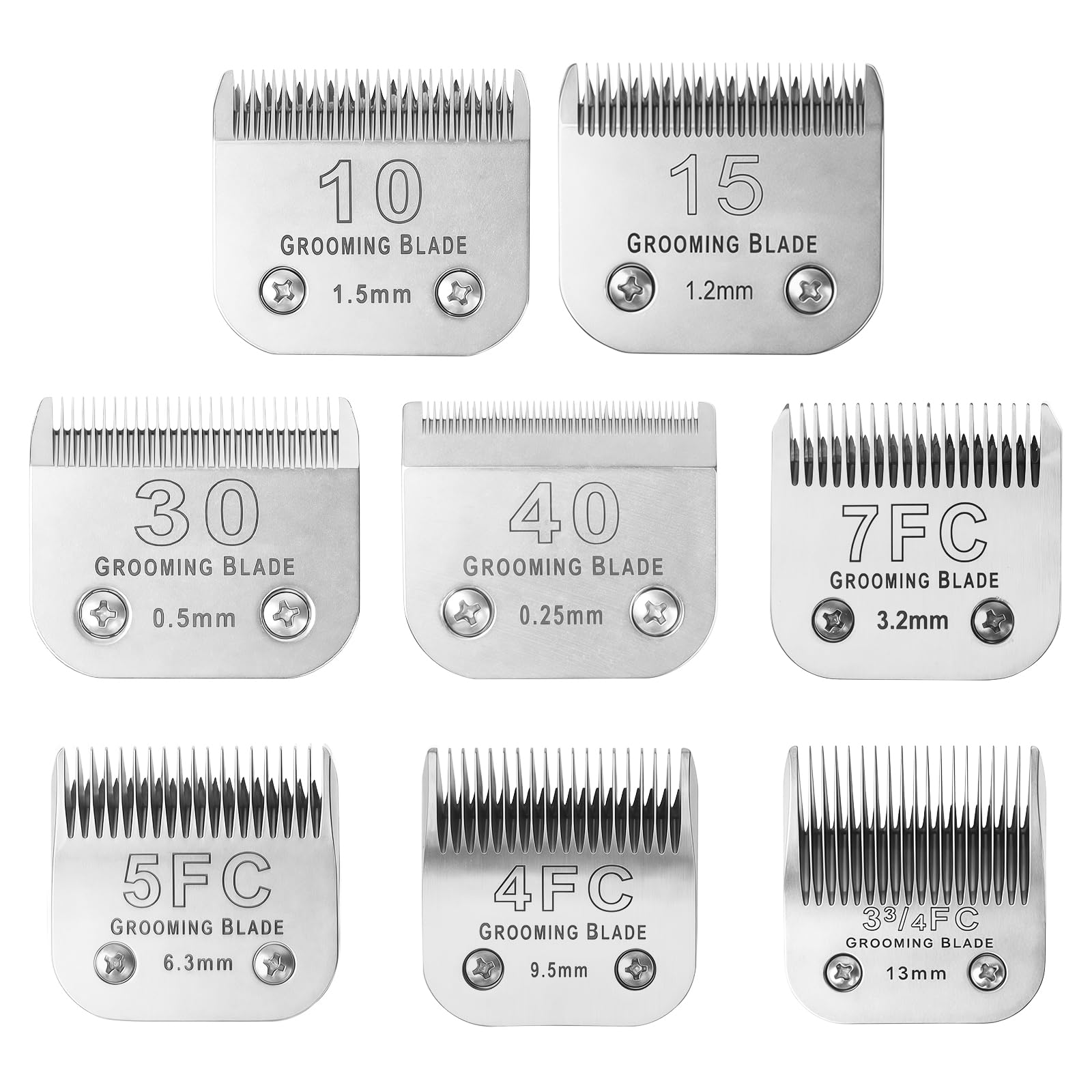 MEMIRY Size 10+15+30+40+7FC+5FC+4F+3-3/4FC Detachable Dog Grooming Blades, Compatible with Andis, Oster A5, Wahl KM10 Series Clippers, Cut Length 0.25mm-13mm, Silver