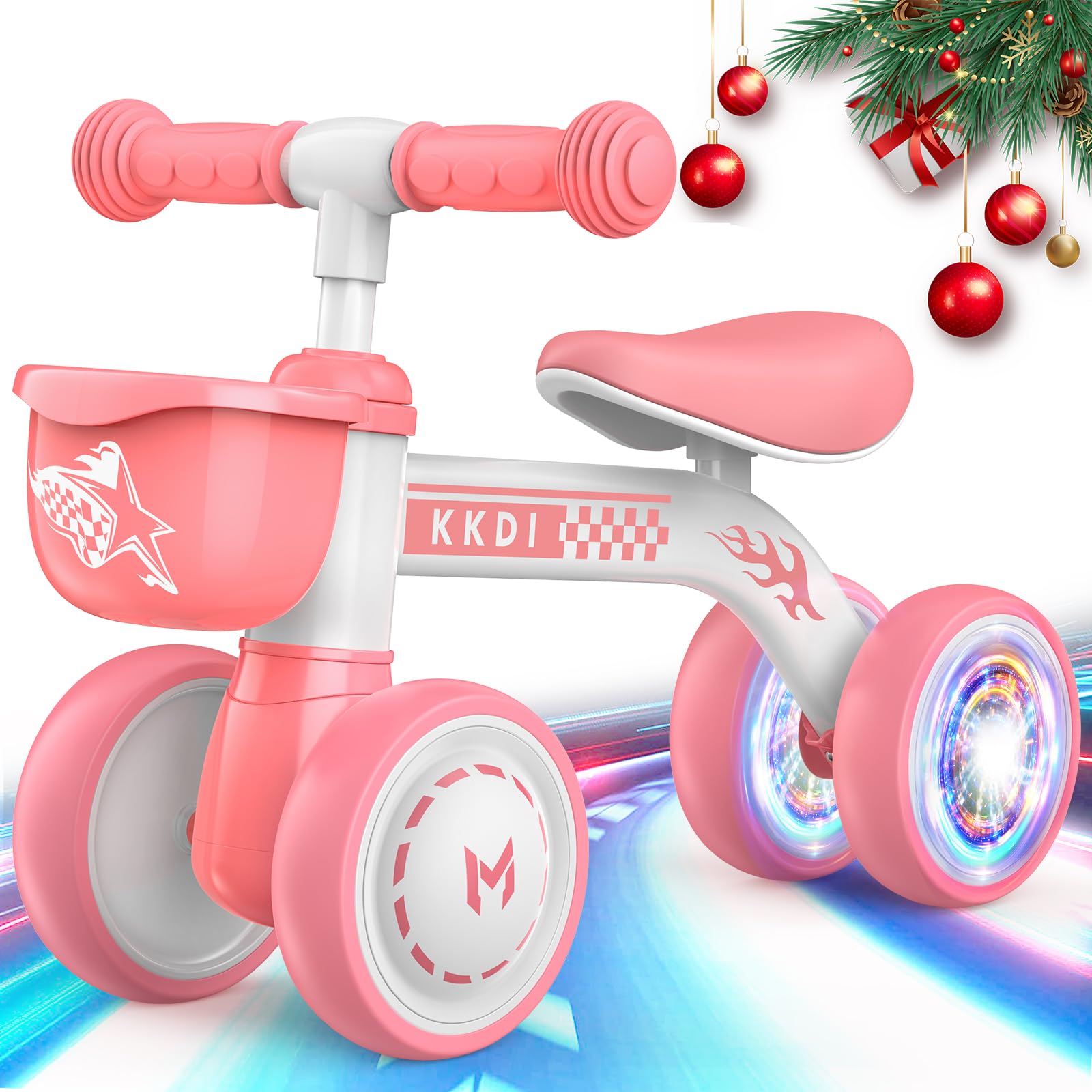 Juguetes de bicicleta de equilibrio para bebés de 1 a 2 años, bicicleta de bebé con iluminación colorida, regalos de Navidad de primer cumpleaños para niñas de 1 a 2 años, 4 ruedas silenciosas, sin