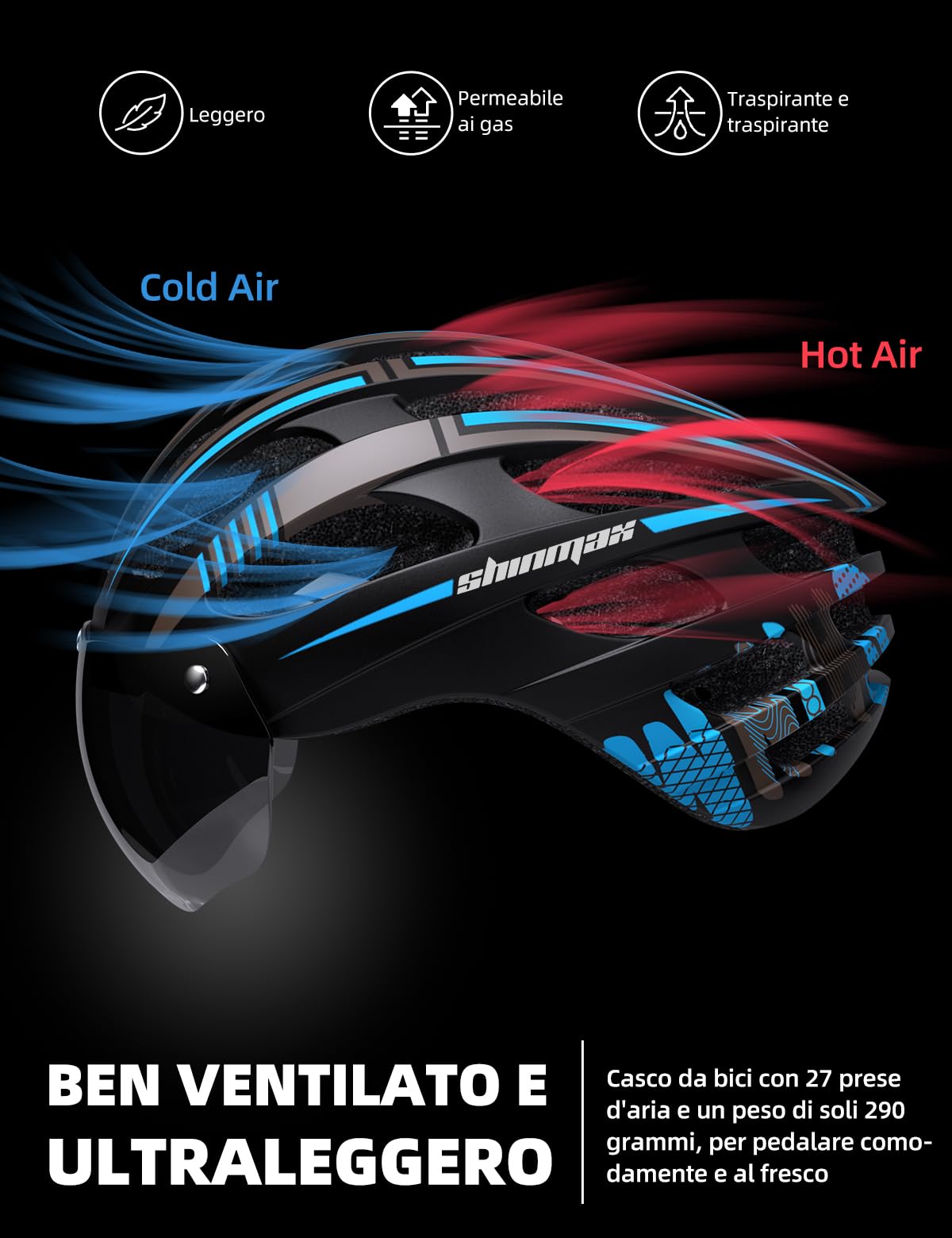 Shinmax Casco Bici Uomo Donna,MTB con USB Luce Protettiva UV Magnetica Visiera Adesivo Luminoso, Unisex Regolabile Casco Ciclismo per Strada Skateboard Certificato CE 57-62CM (RC-049)