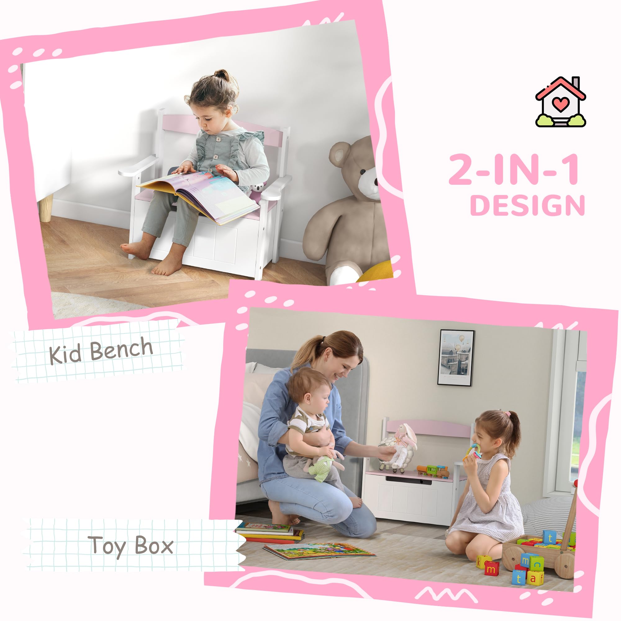 AIYAPLAY Spielzeugkiste, 2 in 1 Spielzeugaufbewahrungstruhe Kinder mit Deckel, Große Spielzeugaufbewahrung Organizer Bank für Schlafzimmer, Kinderzimmer, Spielzimmer, Rosa
