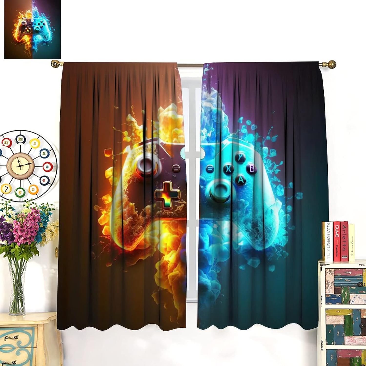 YungHo Game Controller Decor Curtains for Kids Boys Teens Gamer Gaming Video Flame Gamepad Outer Space Bedroom Decor Playroom Living Room Home, Darkening Window Drapes 26'' W x 84'' L x2【Decor】