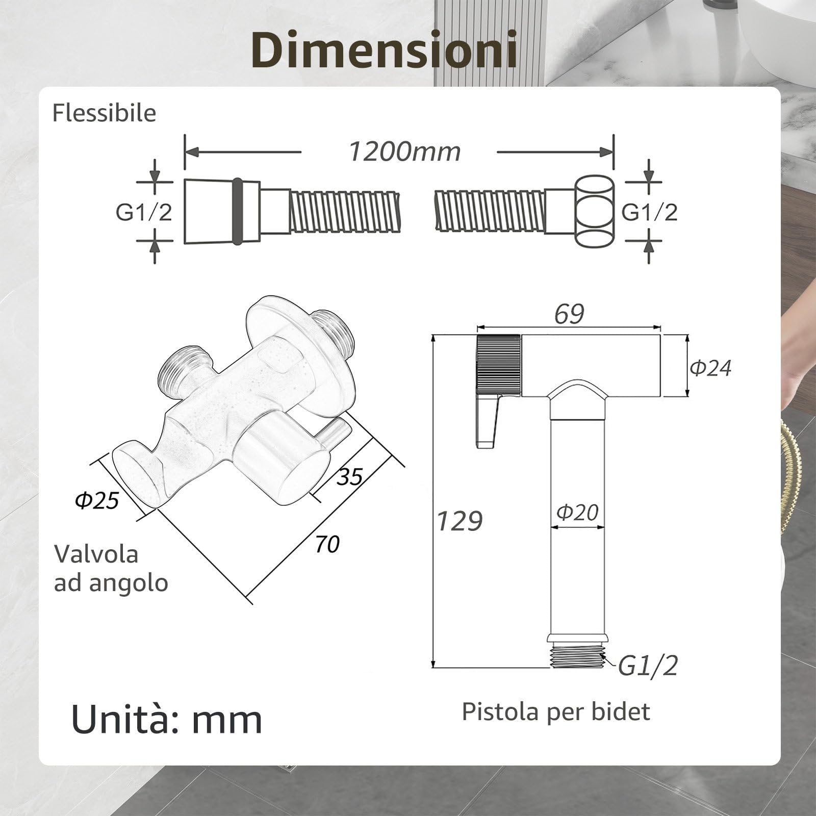 Doccetta per Bidet, 2 Modo de Agua Doccia Bidet, Non c'è Bisogno di Premere, Doccino per Bidet con Supporto e Tubo Flessibile, Adatto per L’igiene Personale/Pulizia del Bagno, Ottone