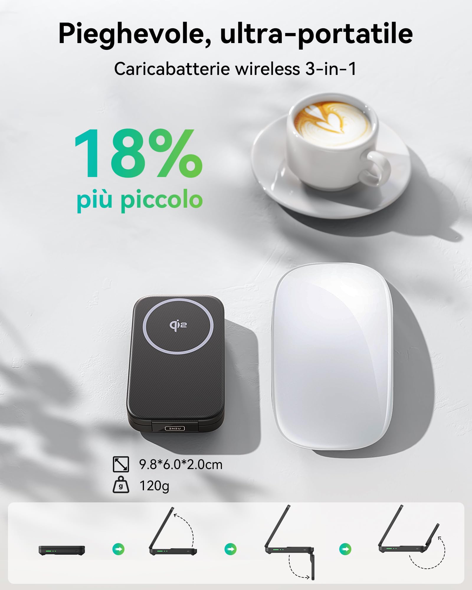 INIU Caricatore Wireless 3 in 1, 15W Certificato Qi2 Stazione di Ricarica Magnetica Pieghevole da Viaggio, Caricabatterie con MagSafe per iPhone 17/16/15/14/13/12 Serie, Apple Watch, AirPods Pro/4/3/2