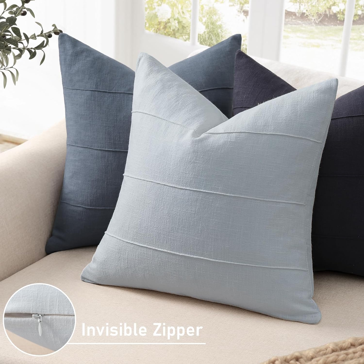 ZWJD Decorative Linen Throw Pillow Covers 18x18 Set of 2 Solid Handcrafted Striped Cushion Covers for Bed Soft Modern Farmhouse Neutral Pillowcase for Couch Bedroom Living Room Home Decor(Sky Blue)