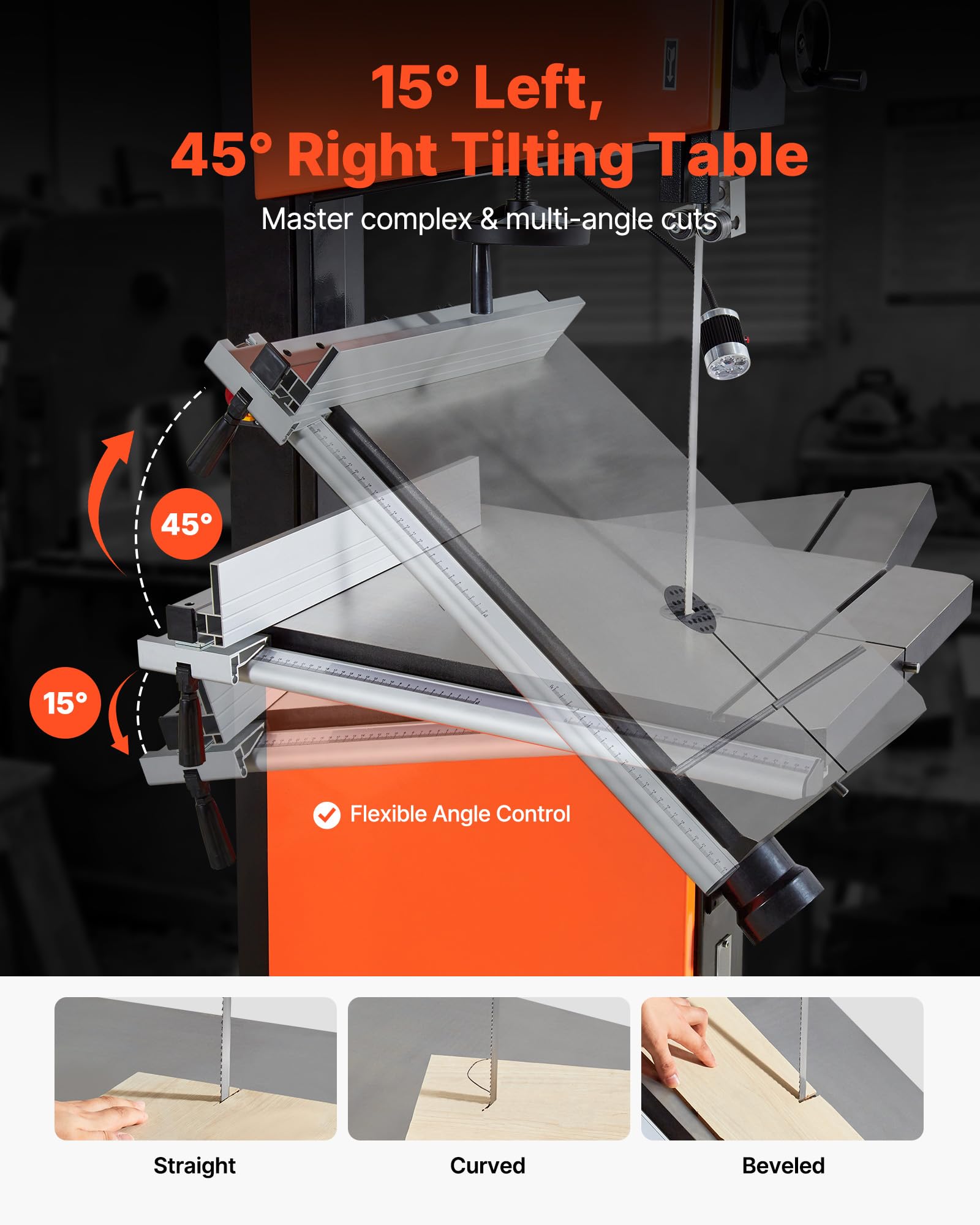 VEVOR Scie à Ruban Bois 2240 W Scie à Ruban de Table Largeur de Coupe 457 mm Hauteur de Coupe 406 mm pour Travail de Bois, Table en Fonte 690x510 mm Éclairage de Travail à 360° avec Guide d'Onglet