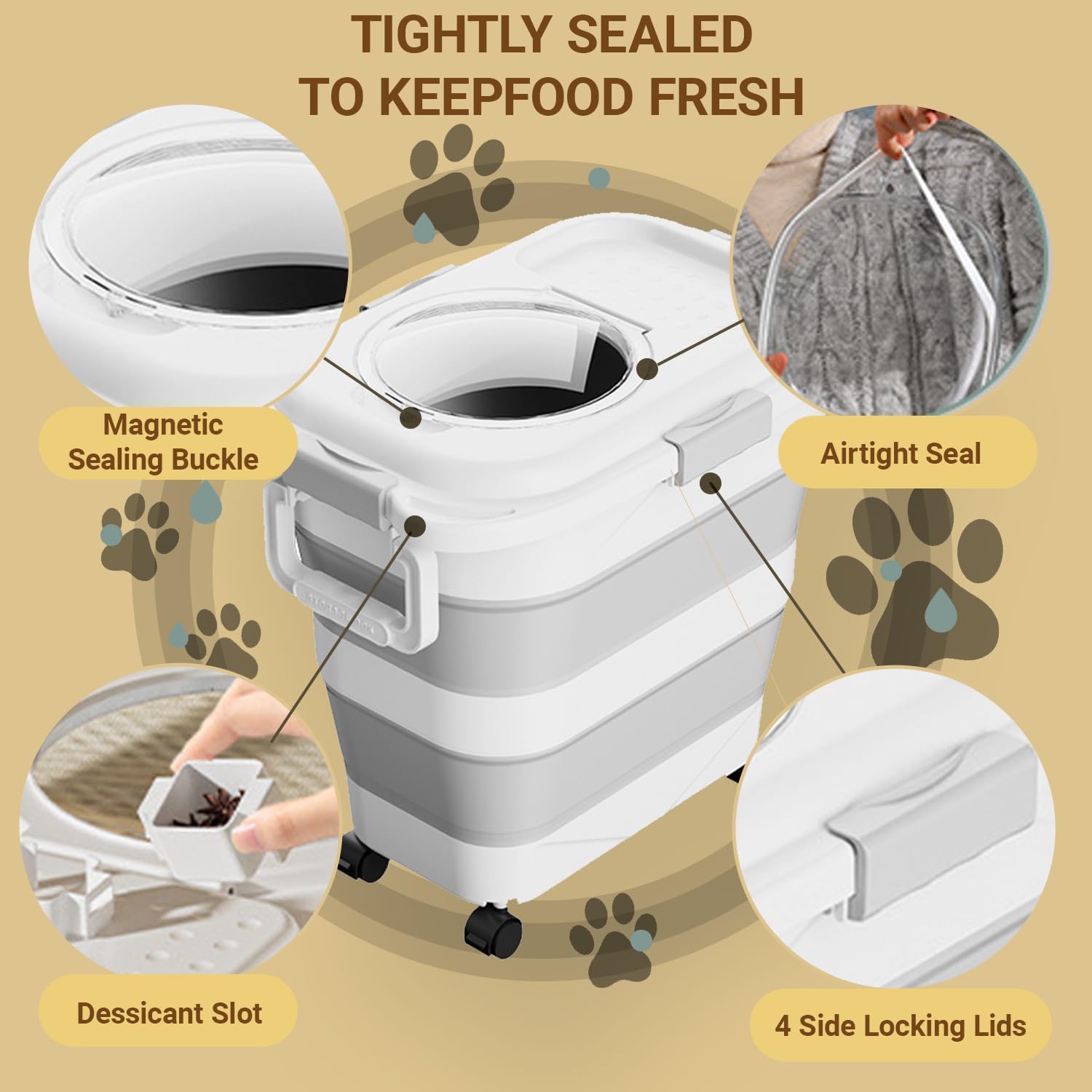 Pet Food Storage Foldable Rolling Bucket with Magnetic Lock Lid - 50LB Capacity Collapsible Container for Dog/Cat Food (22.5 kg/off-white bucket&spoon&bow)