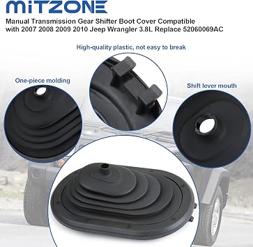 MITZONE Manual Transmission Gear Shifter Boot Cover Compatible with Jeep Wrangler JK 3.8L 2007 2008 2009 2010 Replace 52060069AC