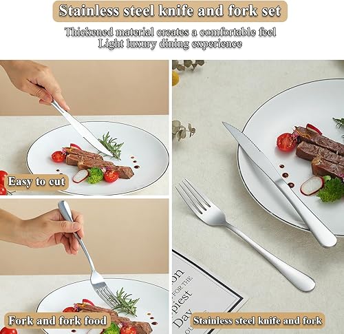 Miniatura 6 de Juego de cuchillos para carne, 24 piezas, acero inoxidable, 12 tenedores y 12 cuchillos de cena, cuchillos para carne, tenedores para carne, aptos